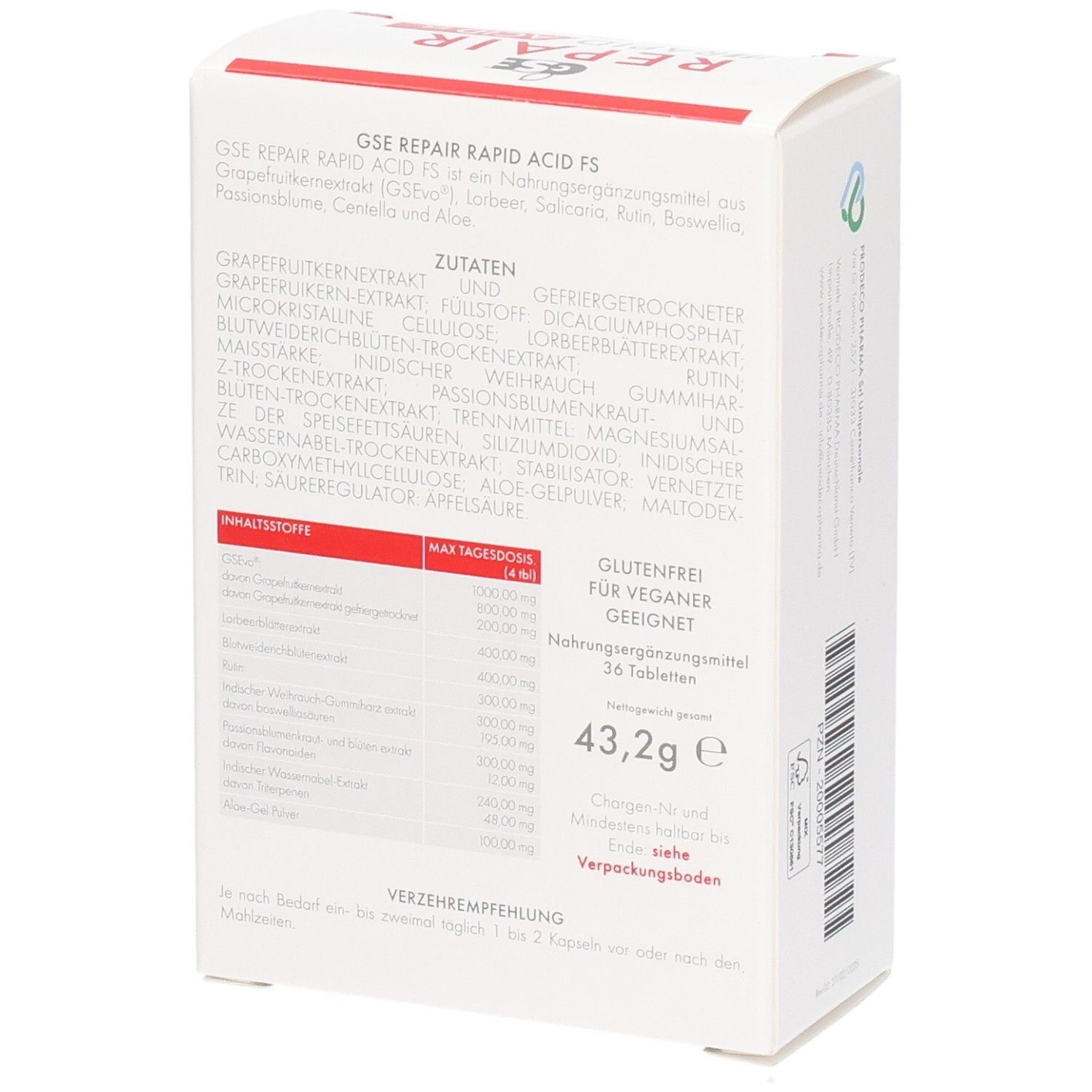 Rückseite der Tablettenbox. Enthält Informationen zu Inhaltsstoffen und Nährwertangaben. Glutenfrei.