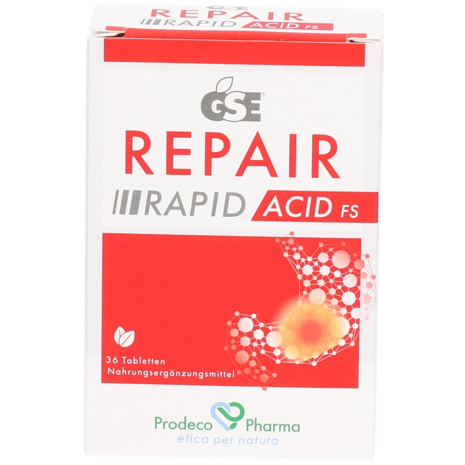Tablettenbox, Vorderansicht. Aufschrift: GSE REPAIR RAPID ACID FS. 36 Tabletten. Herstellerlogo.