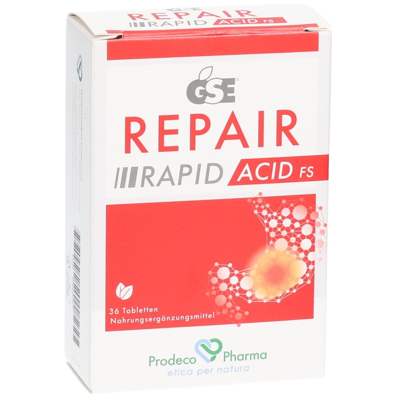 Tablettenbox, Vorderansicht. Aufschrift: GSE REPAIR RAPID ACID FS. 36 Tabletten. Herstellerlogo.