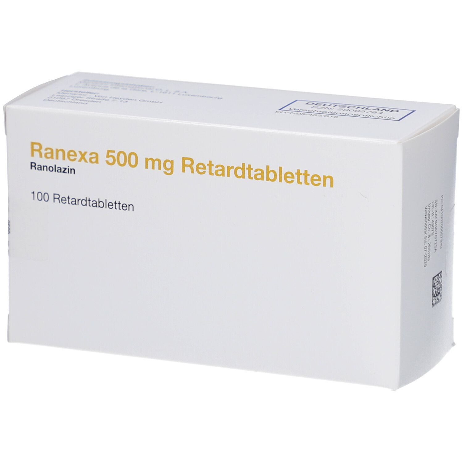 Weiße Arzneimittelverpackung. Aufschrift: Ranexa 500 mg Retardtabletten, 100 Retardtabletten. Goldfarbene Schrift.