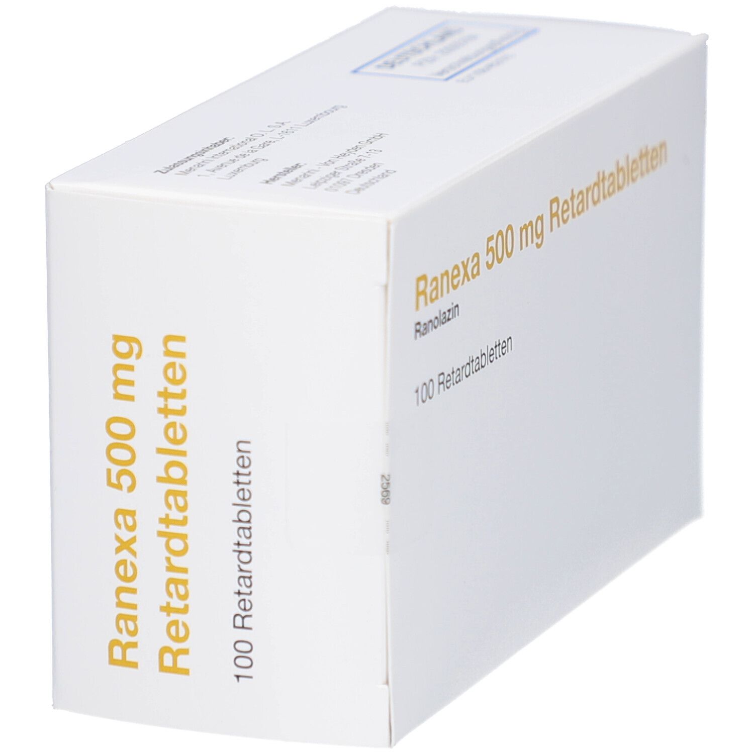 Schräg stehende, weiße Arzneimittelverpackung. Aufschrift: Ranexa 500 mg Retardtabletten, 100 Retardtabletten. Goldfarbene Schrift.