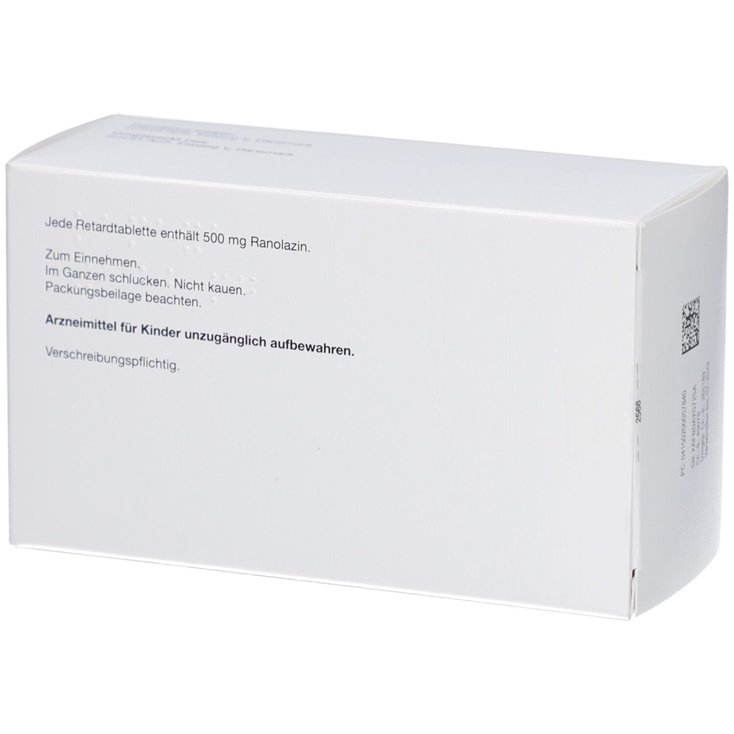 Weiße Arzneimittelverpackung. Text: Hinweise zur Einnahme, Aufbewahrung. Text in schwarzer Schrift.