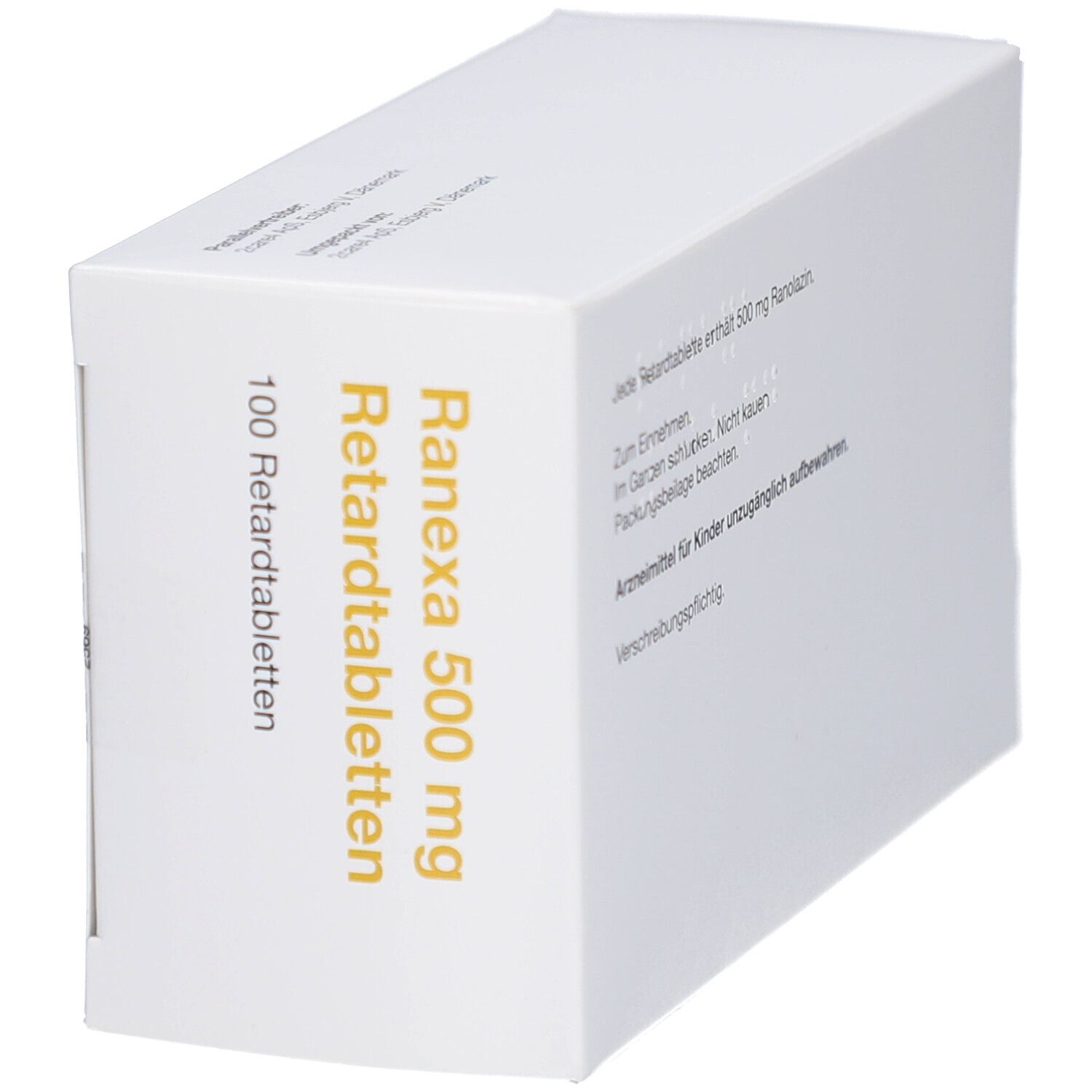 Schräg stehende, weiße Arzneimittelverpackung. Aufschrift: Ranexa 500 mg Retardtabletten, 100 Retardtabletten. Goldfarbene Schrift.