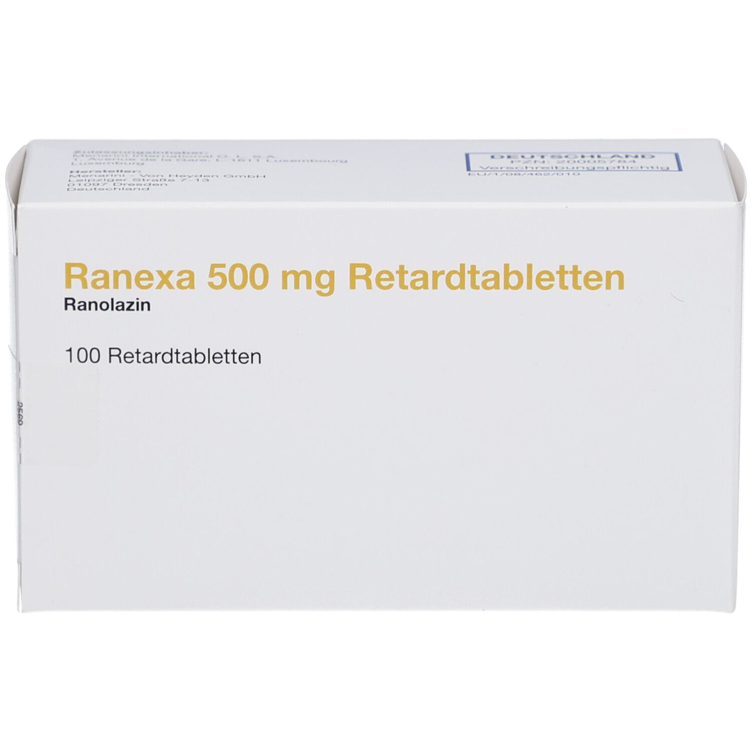Weiße Arzneimittelverpackung. Aufschrift: Ranexa 500 mg Retardtabletten, 100 Retardtabletten. Goldfarbene Schrift.