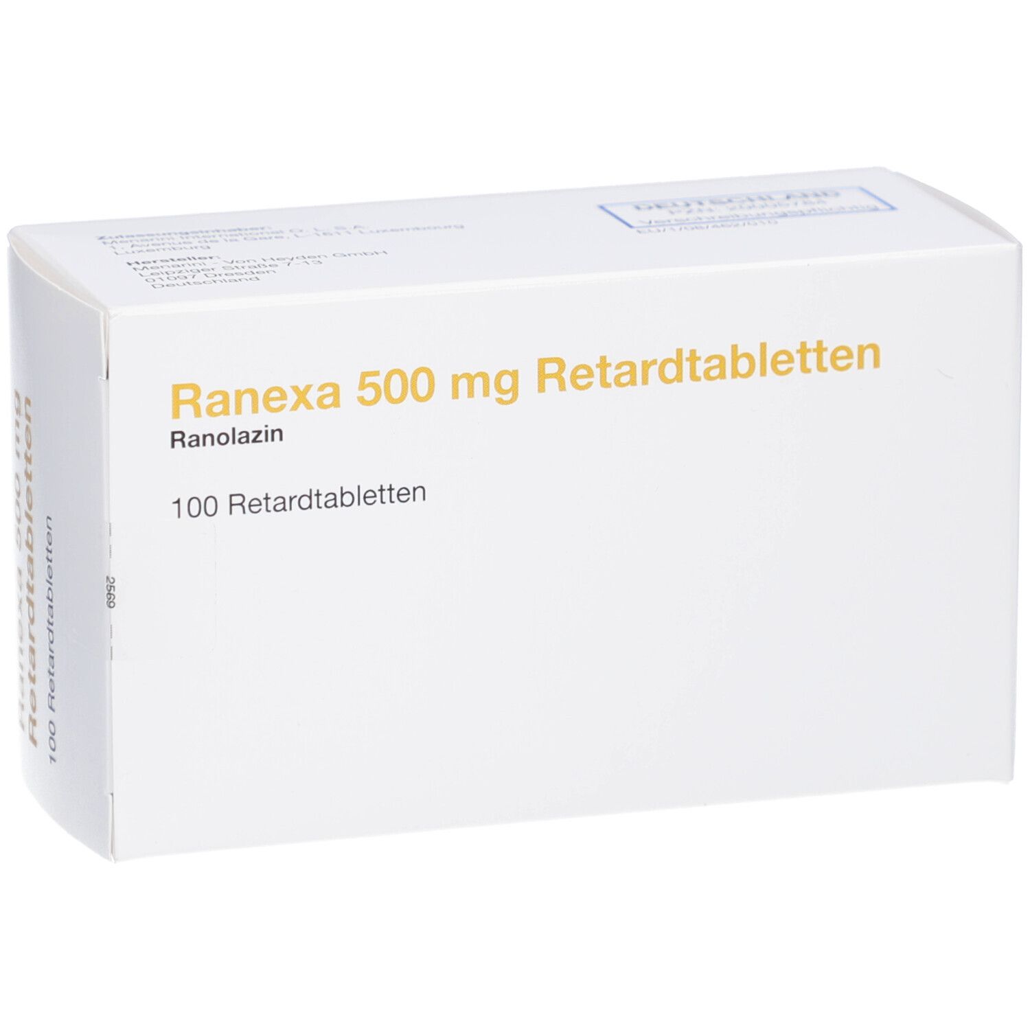 Weiße Arzneimittelverpackung. Aufschrift: Ranexa 500 mg Retardtabletten, 100 Retardtabletten. Goldfarbene Schrift.
