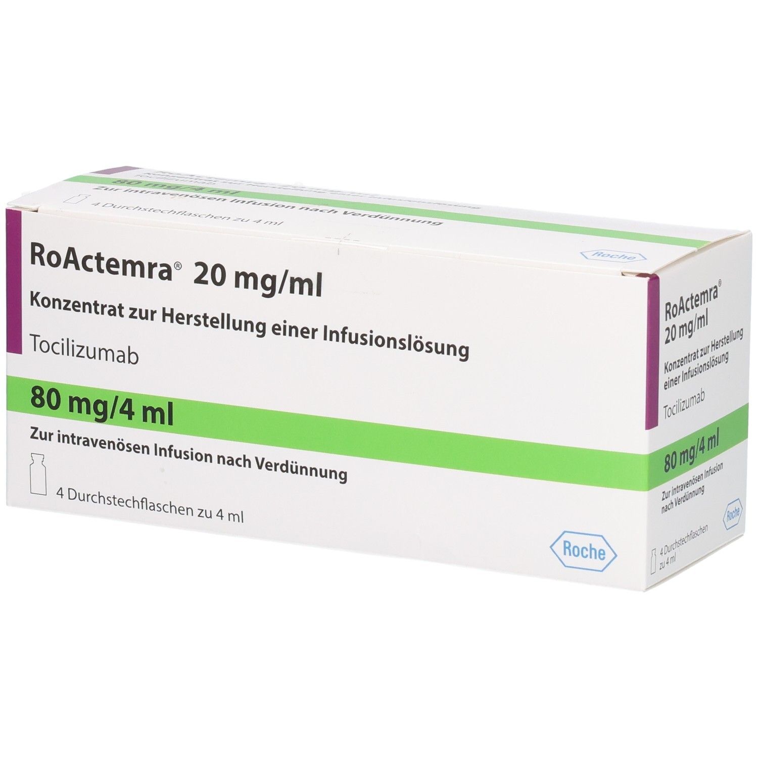 RoActemra 20 mg/ml Konzentrat zur Herstellung einer Infusionslösung, Tocilizumab, 80 mg/4 ml, 4 Durchstechflaschen.