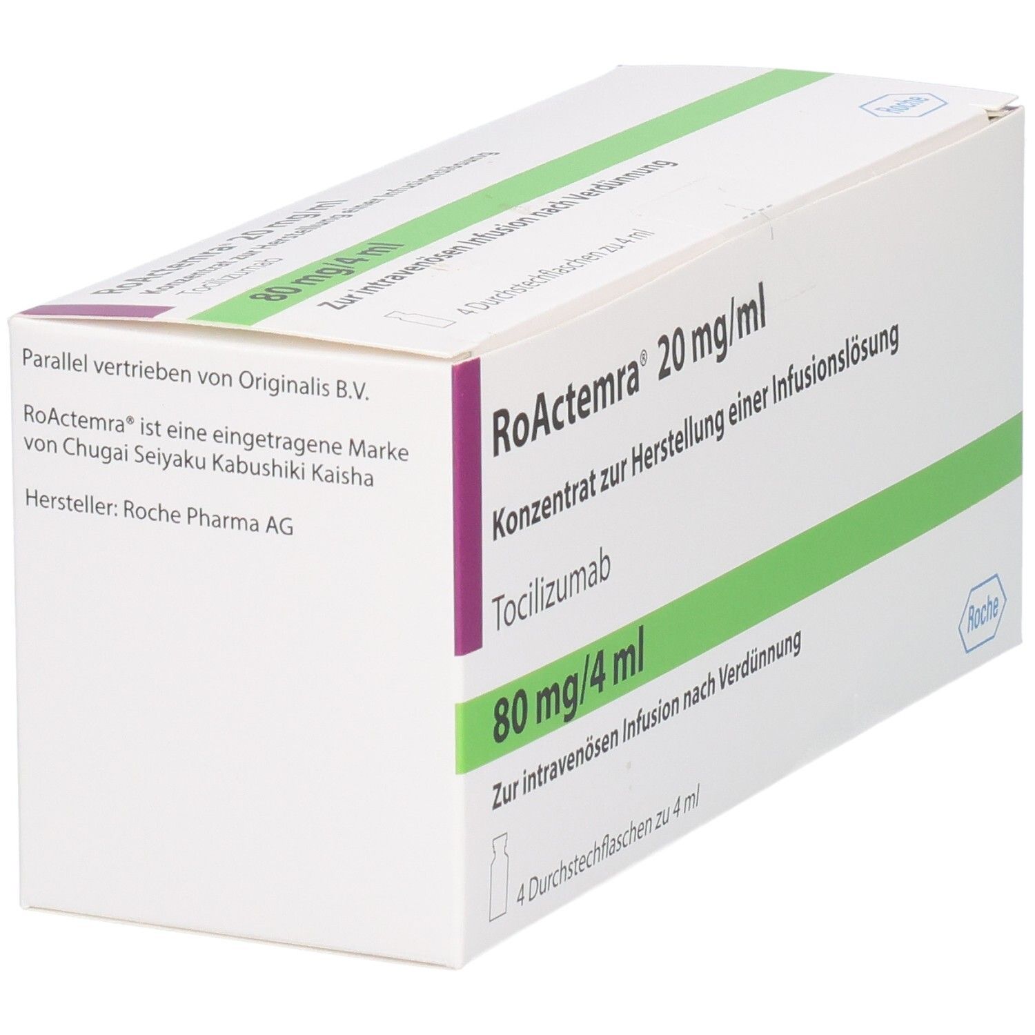 RoActemra 20 mg/ml Konzentrat zur Herstellung einer Infusionslösung, Tocilizumab, 80 mg/4 ml, 4 Durchstechflaschen. Hersteller: Roche Pharma AG.