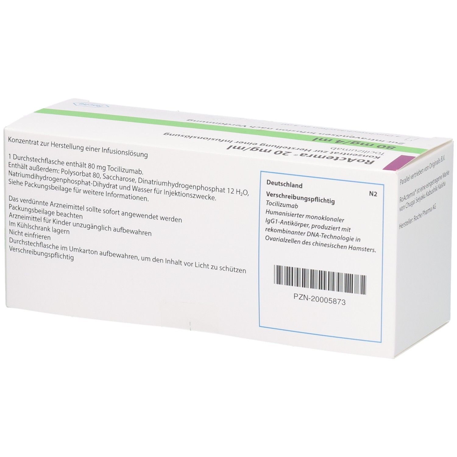 RoActemra 20 mg/ml Konzentrat zur Herstellung einer Infusionslösung, Tocilizumab, 80 mg/4 ml. Rückseite mit Anwendungshinweisen und Inhaltsstoffen.
