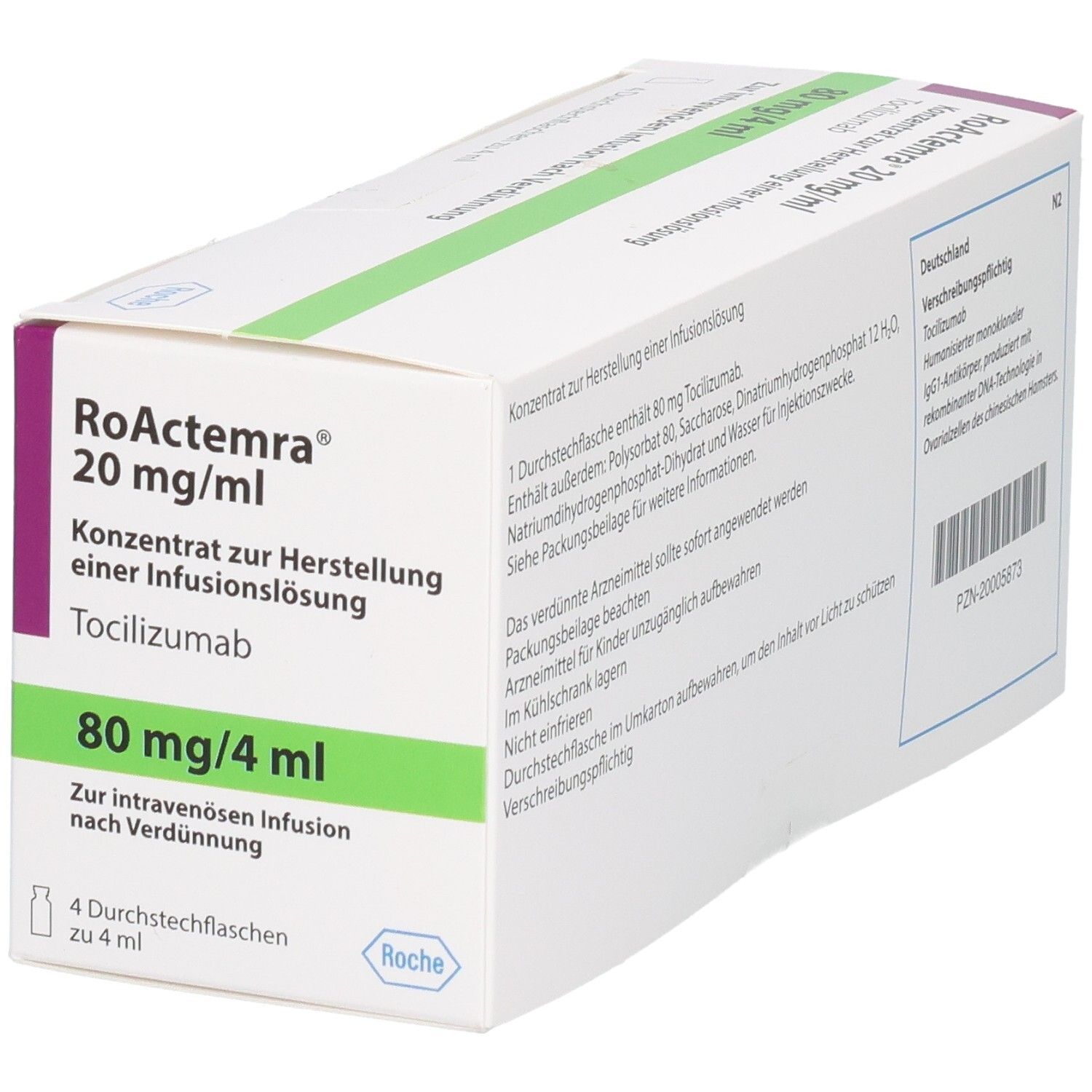 RoActemra 20 mg/ml Konzentrat zur Herstellung einer Infusionslösung, Tocilizumab, 80 mg/4 ml. Packungsbeilage und PZN-Nummer sichtbar.