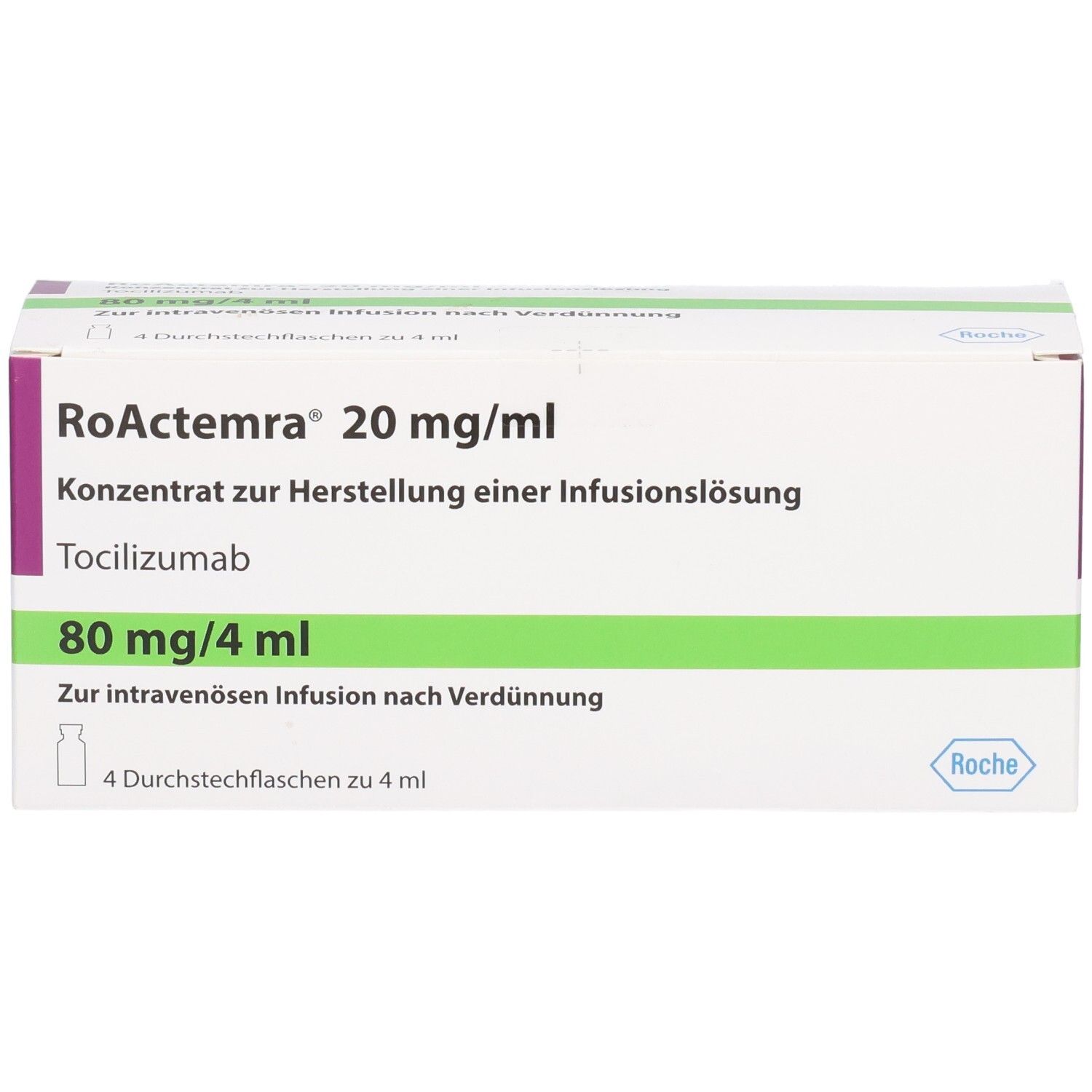 RoActemra 20 mg/ml Konzentrat zur Herstellung einer Infusionslösung, Tocilizumab, 80 mg/4 ml, 4 Durchstechflaschen. Roche Logo.