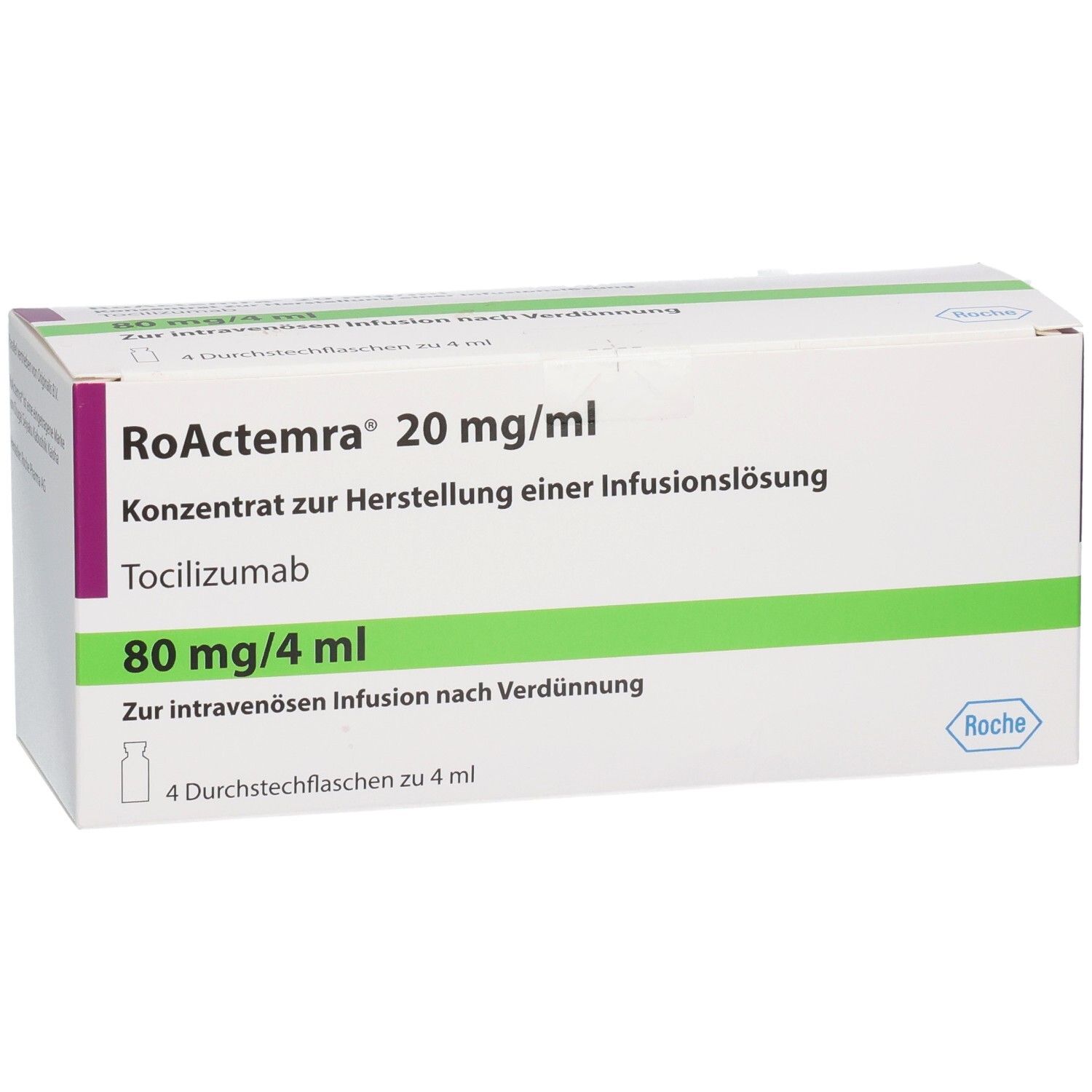 RoActemra 20 mg/ml Konzentrat zur Herstellung einer Infusionslösung, Tocilizumab, 80 mg/4 ml, 4 Durchstechflaschen. Roche Logo.
