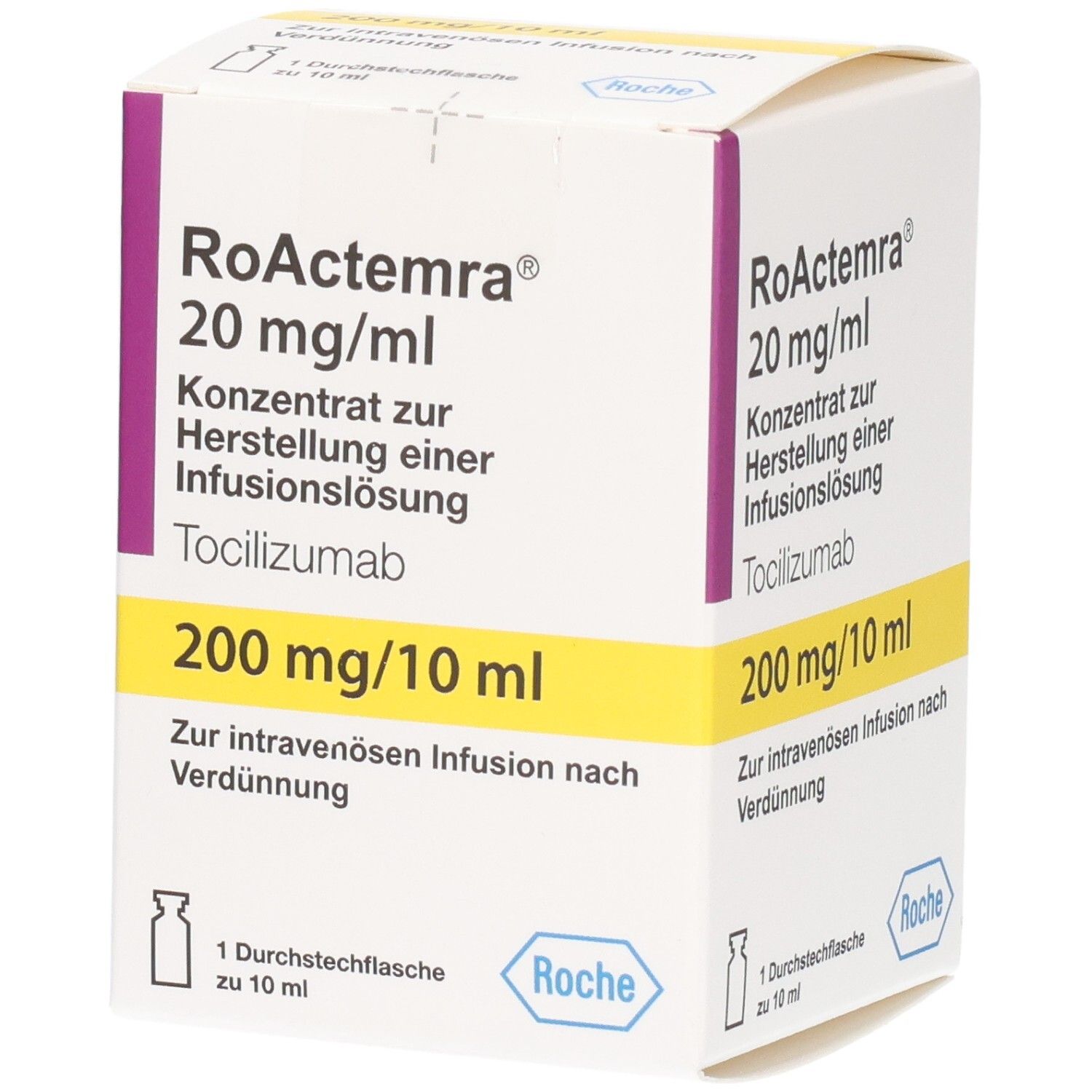 RoActemra 20 mg/ml Konzentrat zur Herstellung einer Infusionslösung, Tocilizumab 200 mg/10 ml, 1 Durchstechflasche.