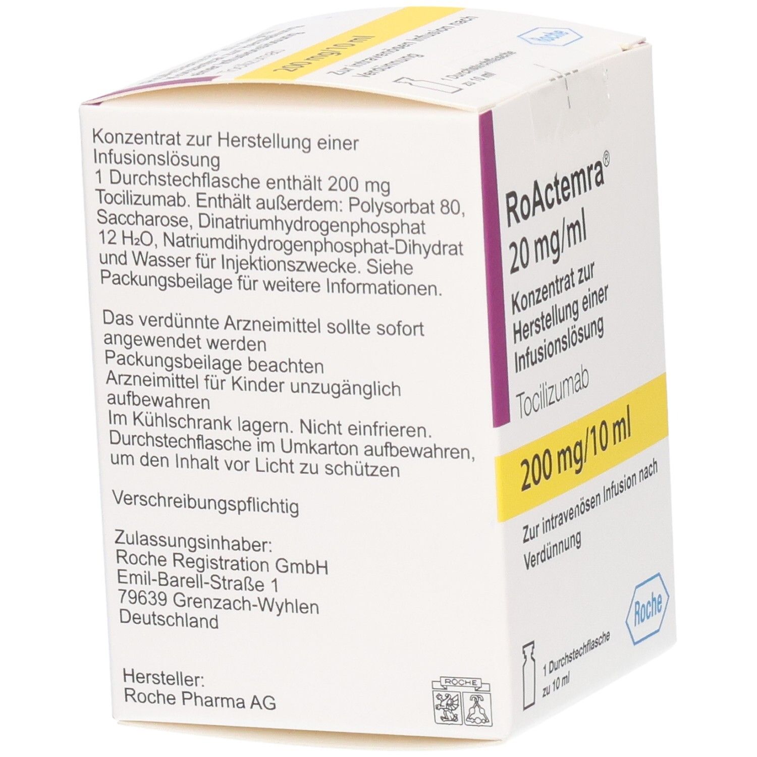 RoActemra 20 mg/ml Konzentrat zur Herstellung einer Infusionslösung, Tocilizumab. Enthält 200 mg Tocilizumab pro 10 ml.