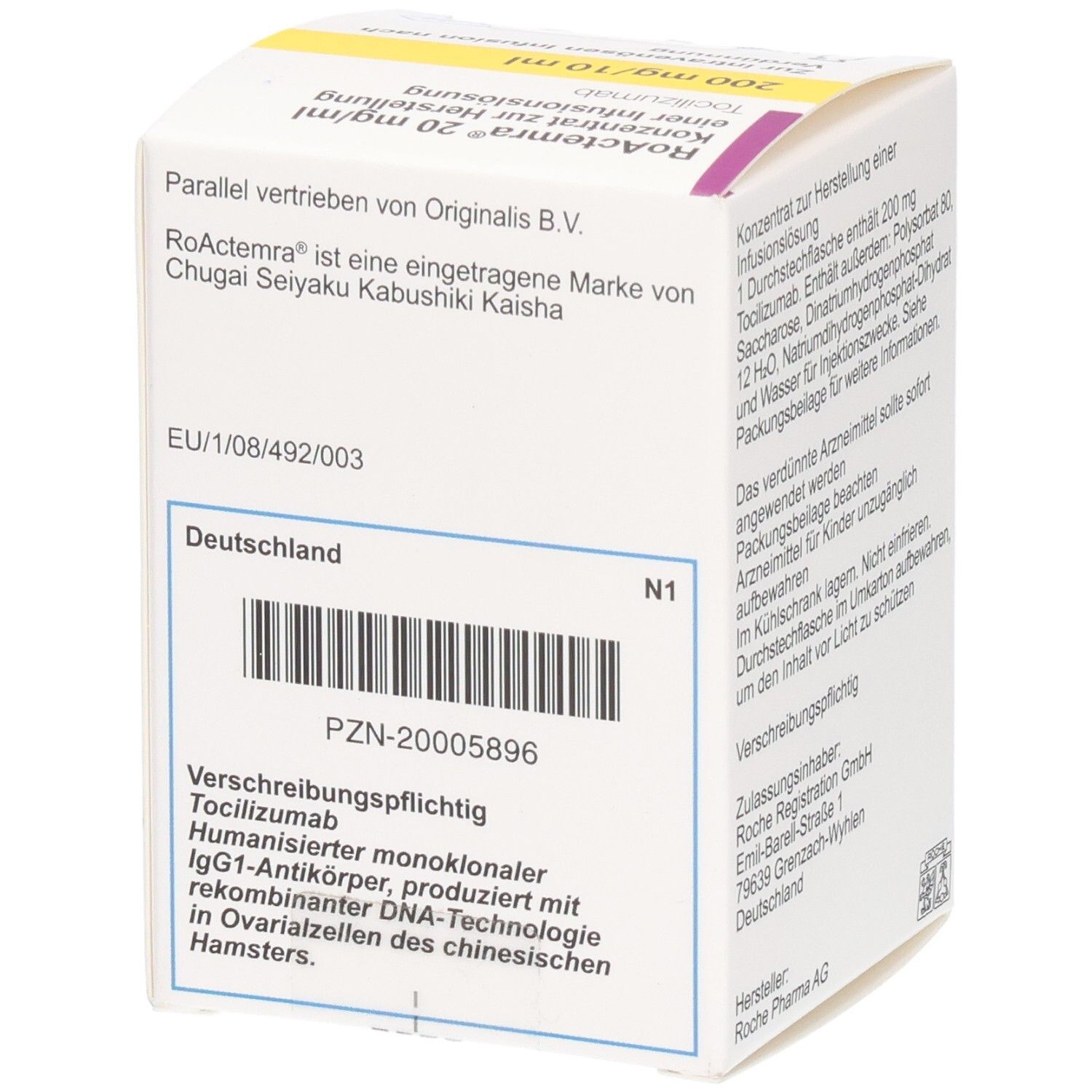 RoActemra 20 mg/ml, Tocilizumab, humanisierter monoklonaler IgG1-Antikörper. PZN-20005896.