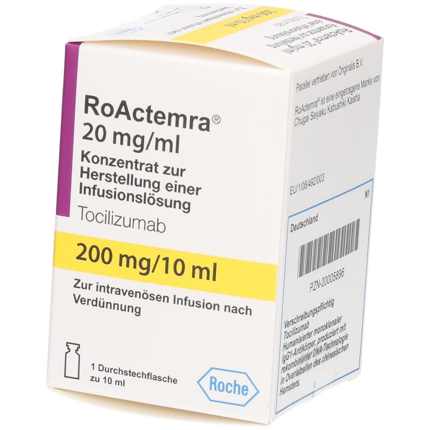 RoActemra 20 mg/ml Konzentrat zur Herstellung einer Infusionslösung, Tocilizumab 200 mg/10 ml. EU/1/08/492/003.