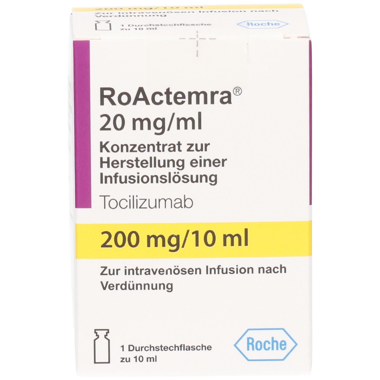 RoActemra 20 mg/ml Konzentrat zur Herstellung einer Infusionslösung, Tocilizumab 200 mg/10 ml. Roche Logo.