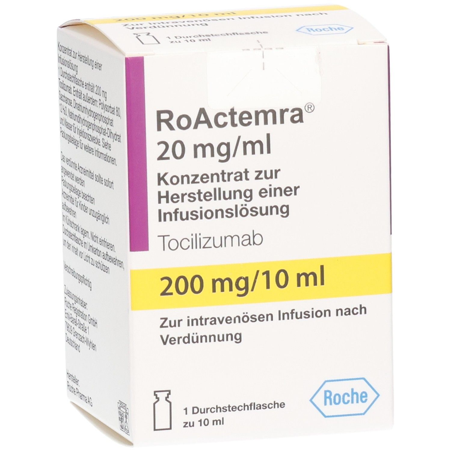 RoActemra 20 mg/ml Konzentrat zur Herstellung einer Infusionslösung, Tocilizumab 200 mg/10 ml. Verpackung mit Seitenansicht.