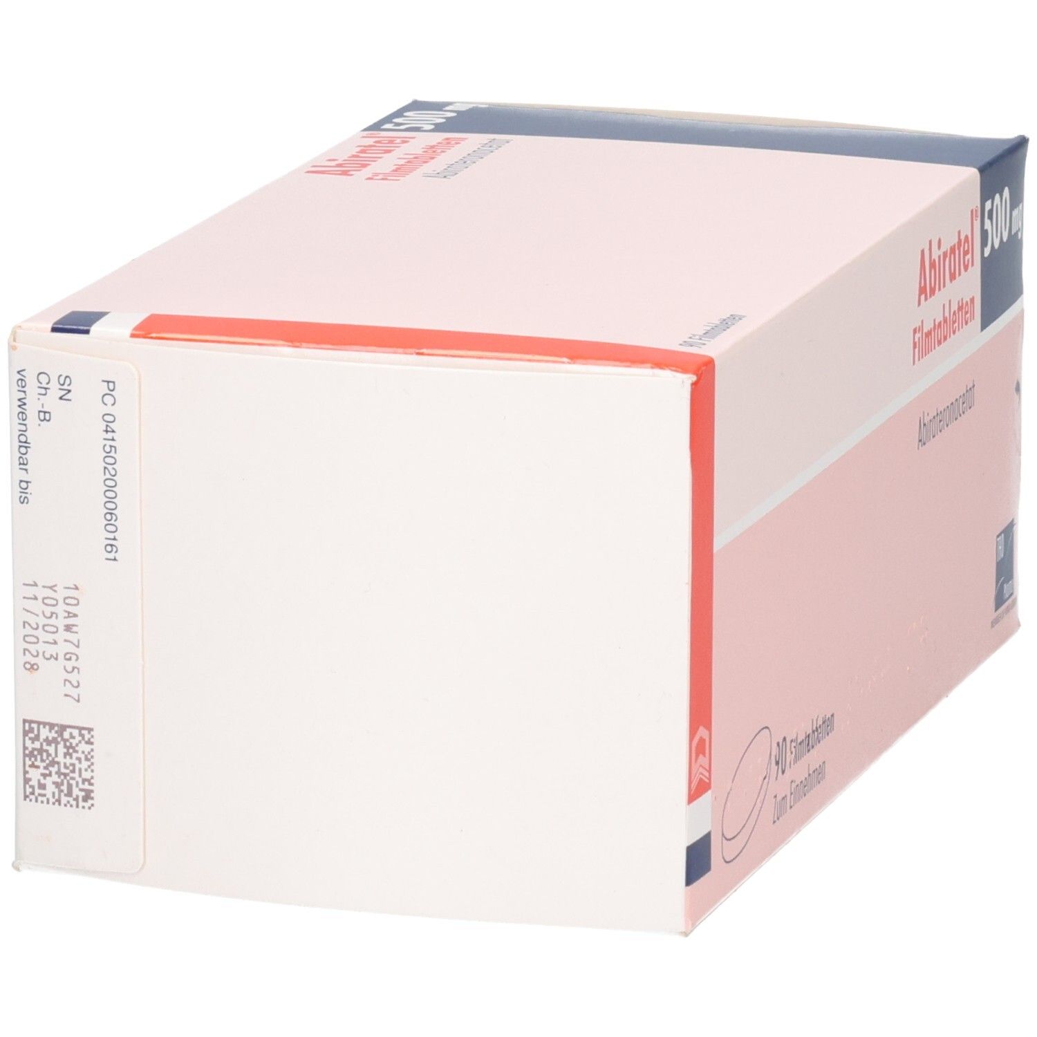 Seitenansicht der Abiratel 500 mg Filmtabletten Schachtel mit Chargennummer und Verfallsdatum.