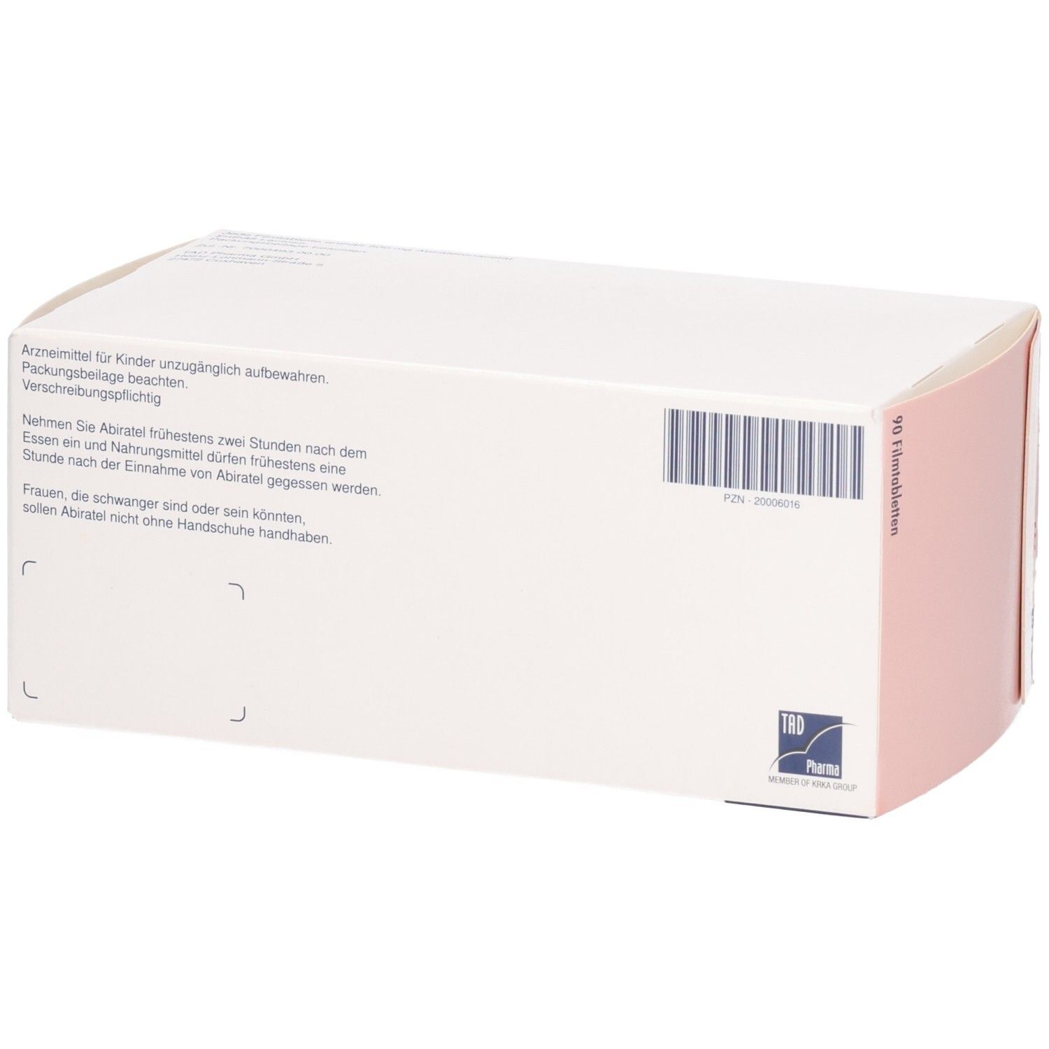 Rückseite der Abiratel 500 mg Filmtabletten Schachtel mit Anwendungshinweisen und Barcode.