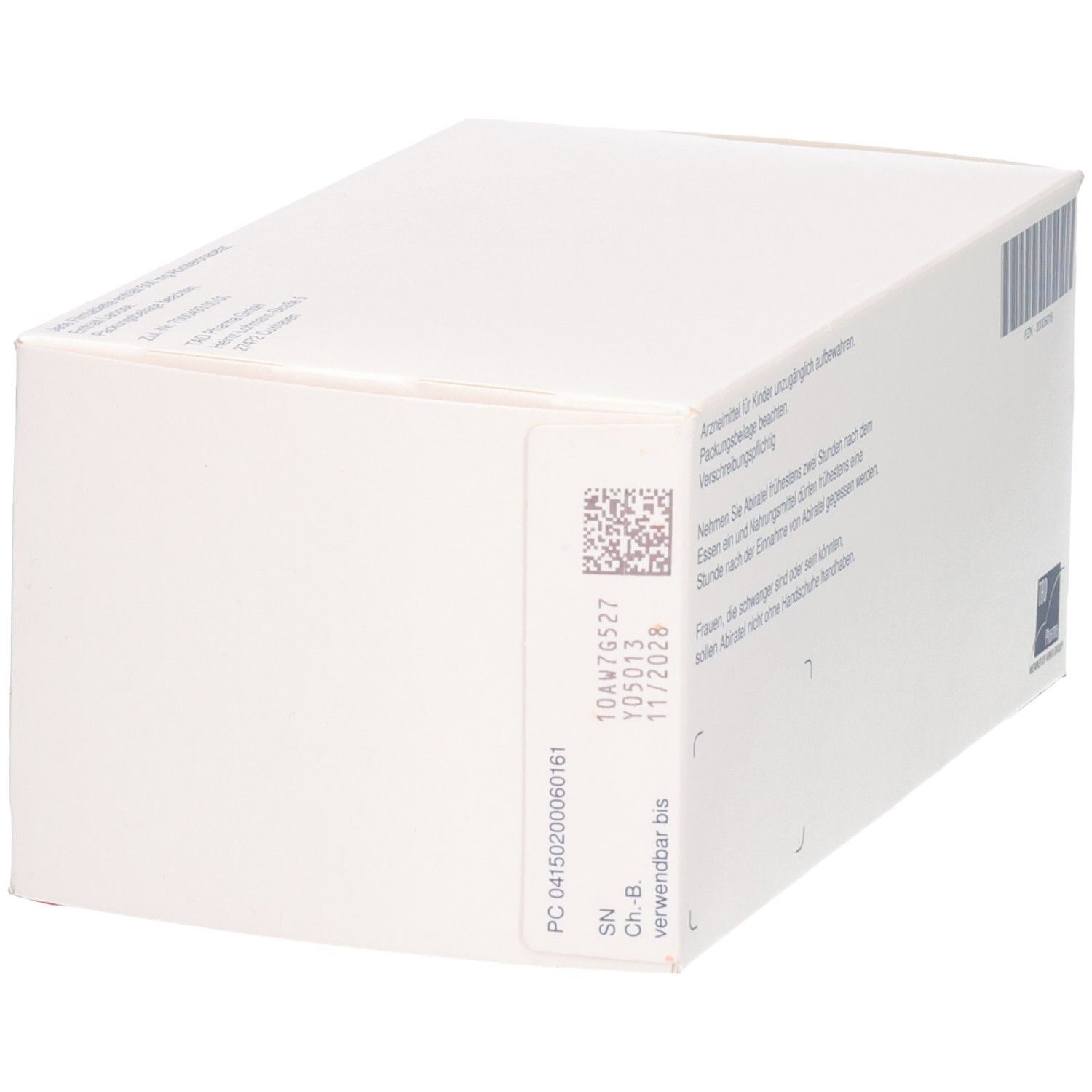 Seitenansicht der Abiratel 500 mg Filmtabletten Schachtel mit Chargennummer und Verfallsdatum.