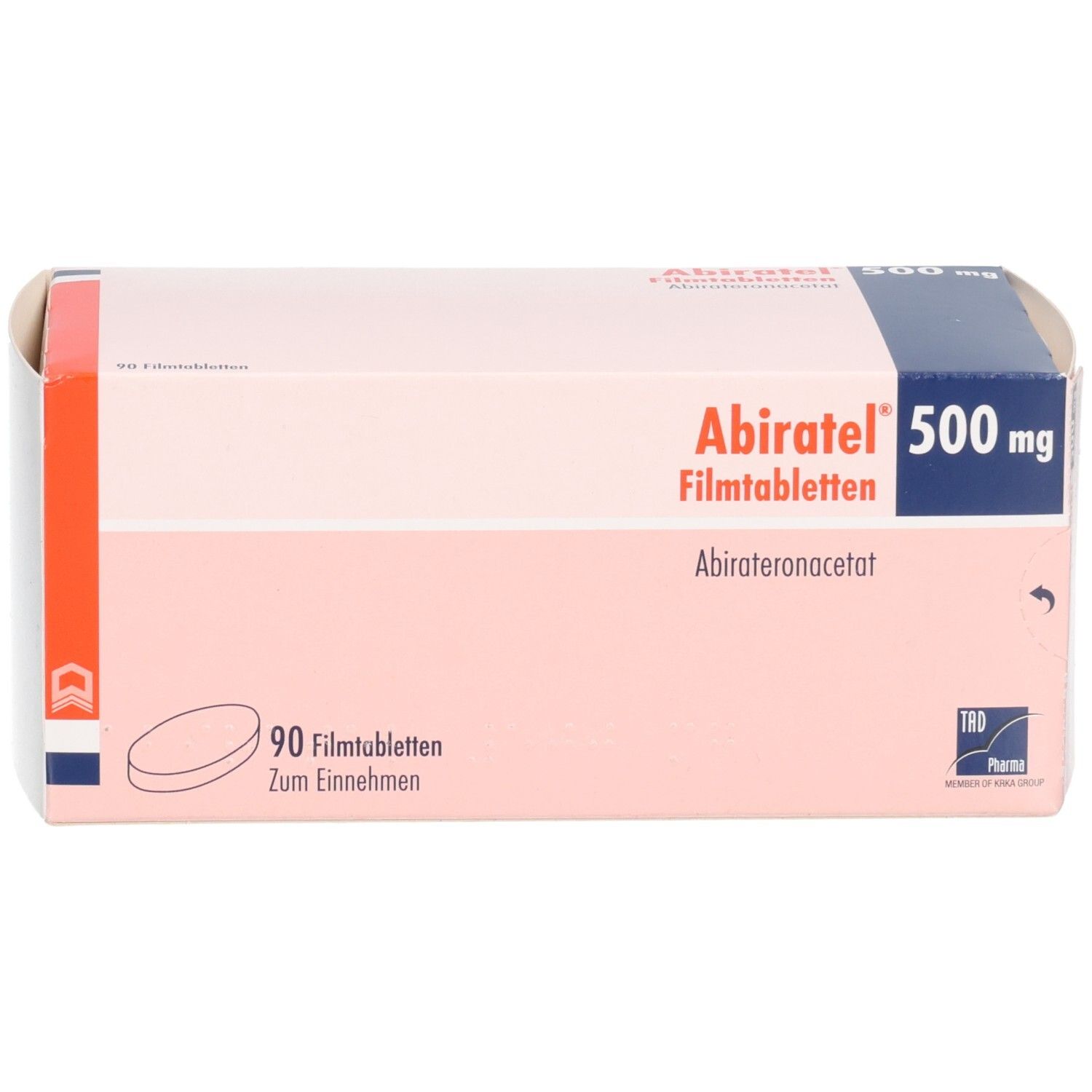 Abiratel 500 mg Filmtabletten Schachtel, Vorderseite mit 90 Tabletten Angabe.