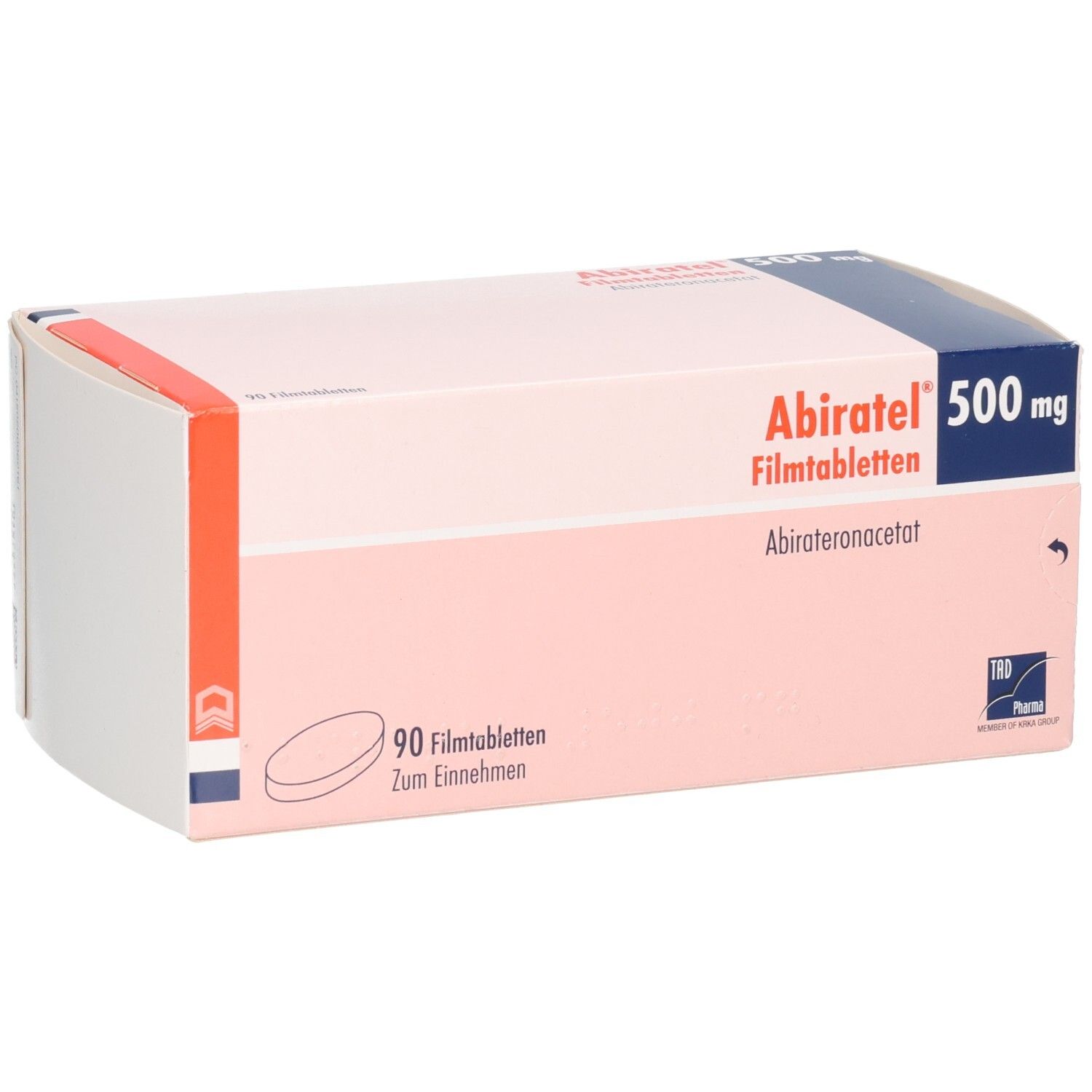 Abiratel 500 mg Filmtabletten Schachtel, Vorderseite mit 90 Tabletten Angabe.