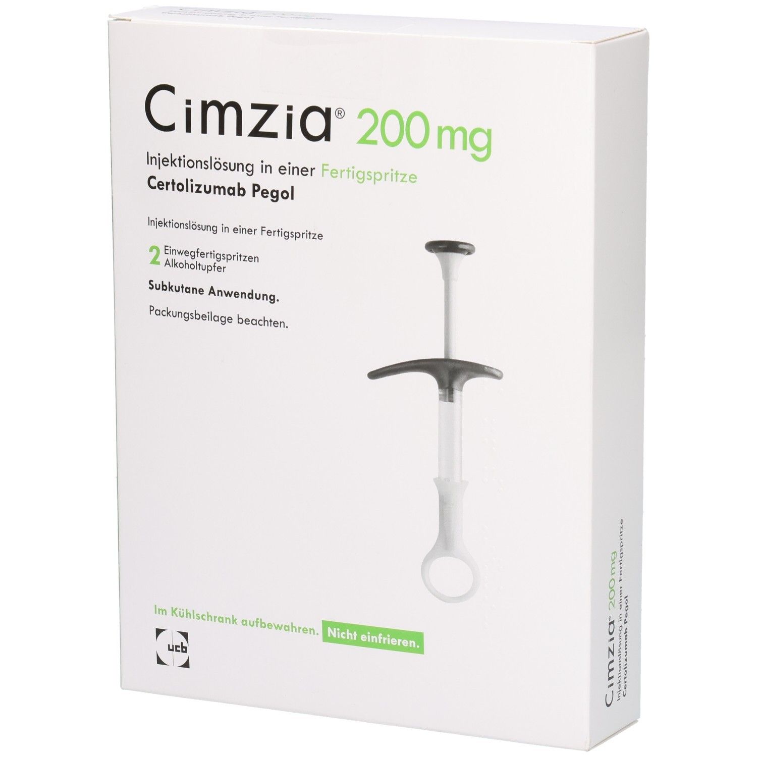 Weiße Schachtel mit Produktnamen Cimzia 200 mg. Fertigspritze und Injektionszubehör abgebildet. UCB-Logo unten.