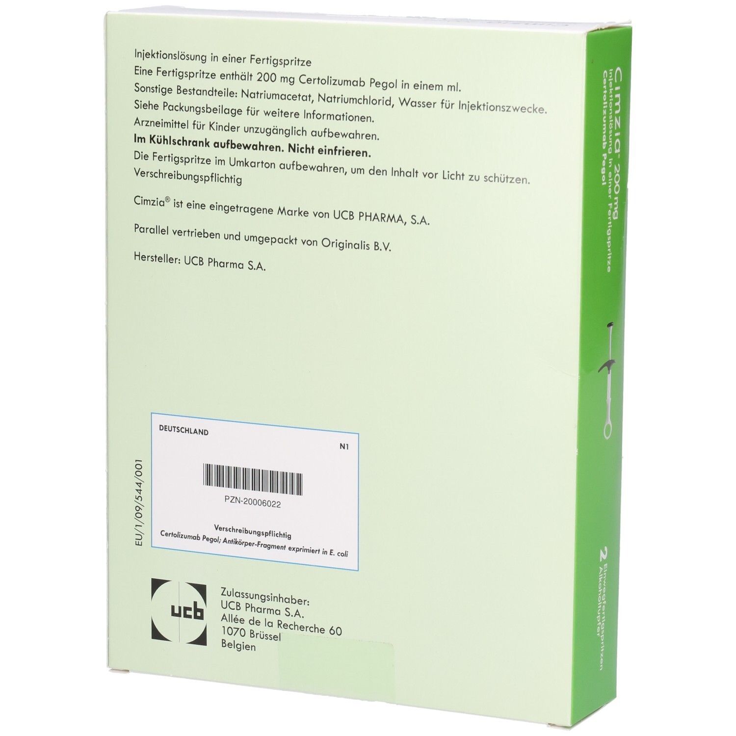 Rückseite der Schachtel mit Produktinformationen. Text in Deutsch. UCB-Logo und Barcode.