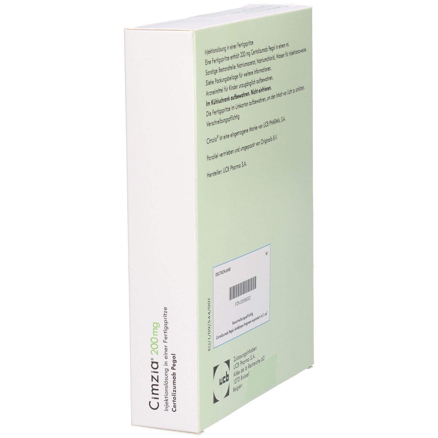 Schachtel mit Produktinformationen. Text in Deutsch. UCB-Logo und Barcode.