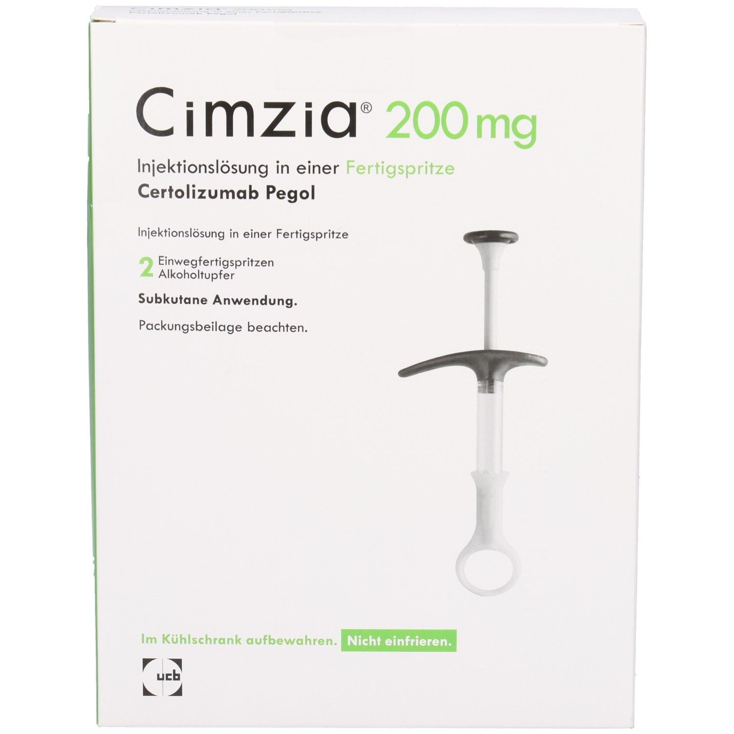 Weiße Schachtel mit Cimzia 200 mg. Fertigspritze und Zubehör abgebildet. UCB-Logo unten.