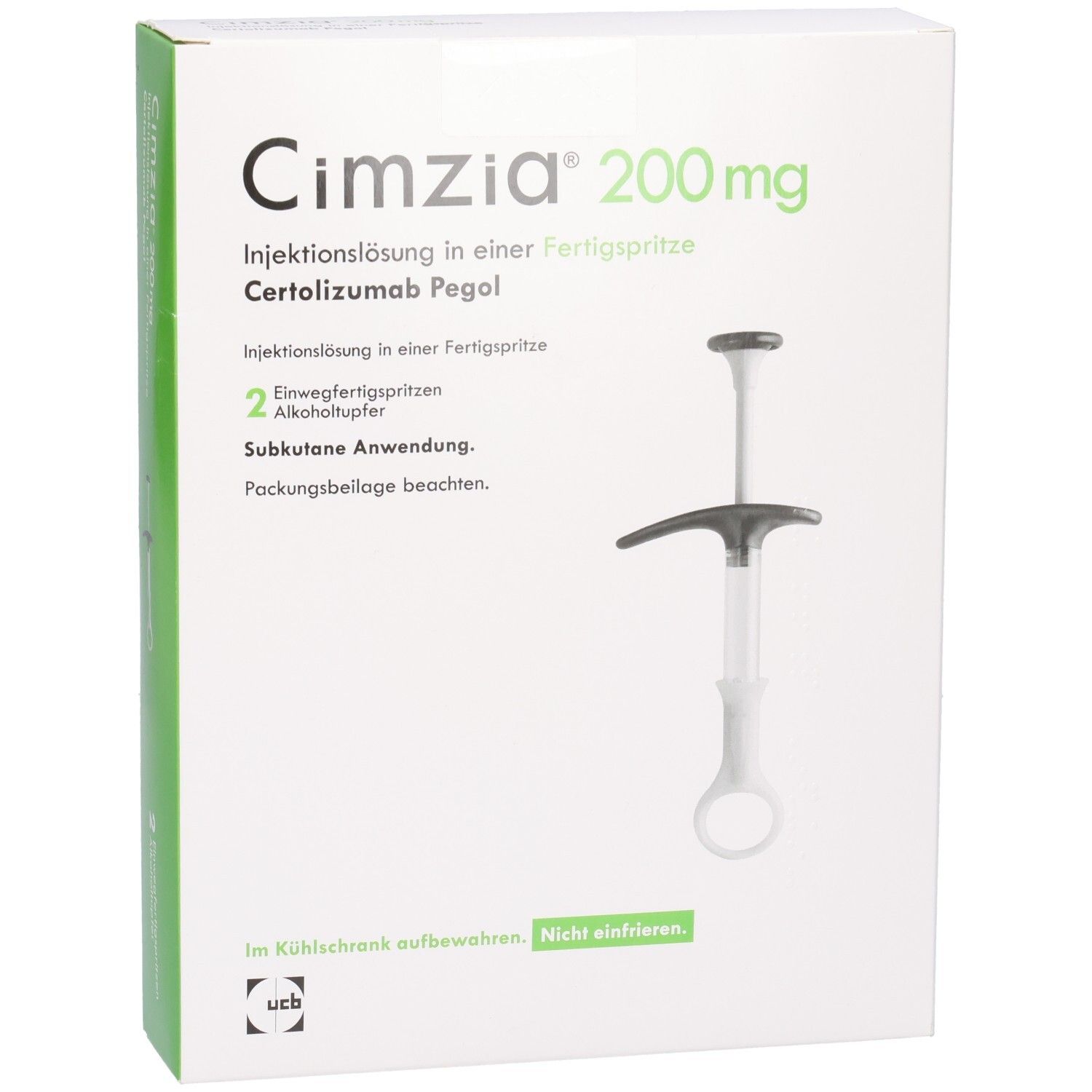 Weiße Schachtel mit Cimzia 200 mg. Fertigspritze und Zubehör abgebildet. UCB-Logo unten.