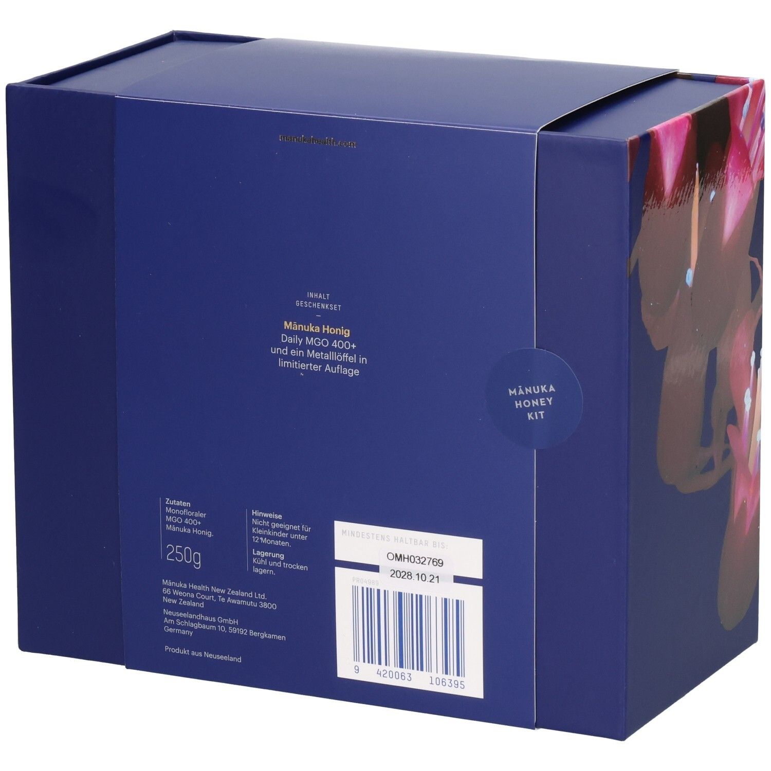 Rückseite der Geschenkbox. Text: Manuka Honig, MGO 400+, 250g. Barcode und Produktinformationen.