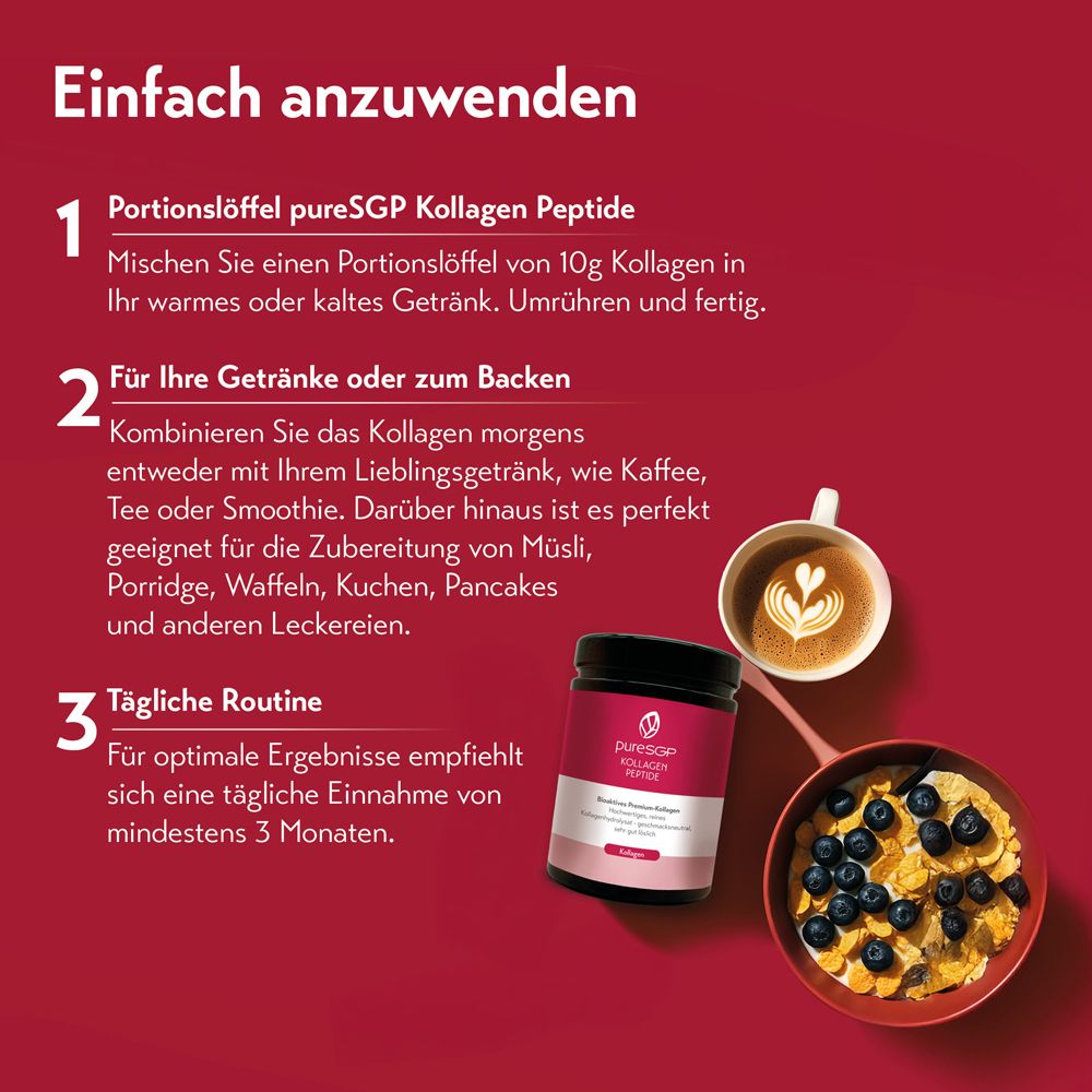 Grafik mit Anwendungsbeispielen. Dose, Kaffee, Müsli mit Blaubeeren. Text: Einfach anzuwenden.