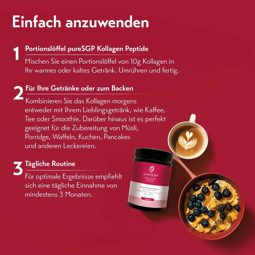 Anleitung zur Anwendung. Portion Löffel in Getränk mischen. Kombinieren mit Kaffee, Tee, Smoothie. Tägliche Einnahme.