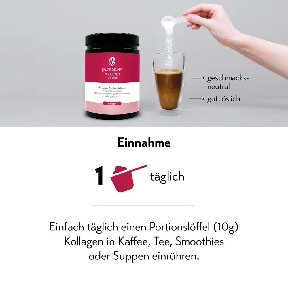 Portionslöffel in Glas mit Kaffee. Text: geschmacksneutral, gut löslich. Einnahme: 1x täglich.