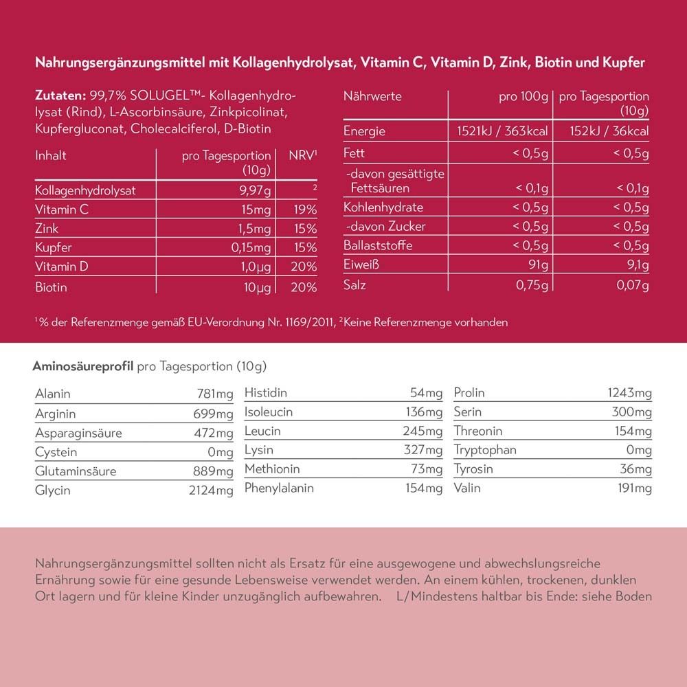 Nährwerttabelle. Inhaltsstoffe: Kollagenhydrolysat, Vitamin C, Zink, Kupfer, Vitamin D, Biotin. Aminosäurenprofil.