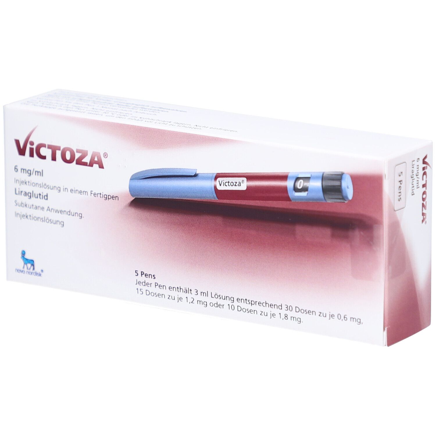Verpackung mit Fertigpen. Aufschrift: VICTOZA 6 mg/ml. Enthält 5 Pens. Ein Pen mit 3 ml Lösung. Blaue und rote Fertigpen sichtbar.