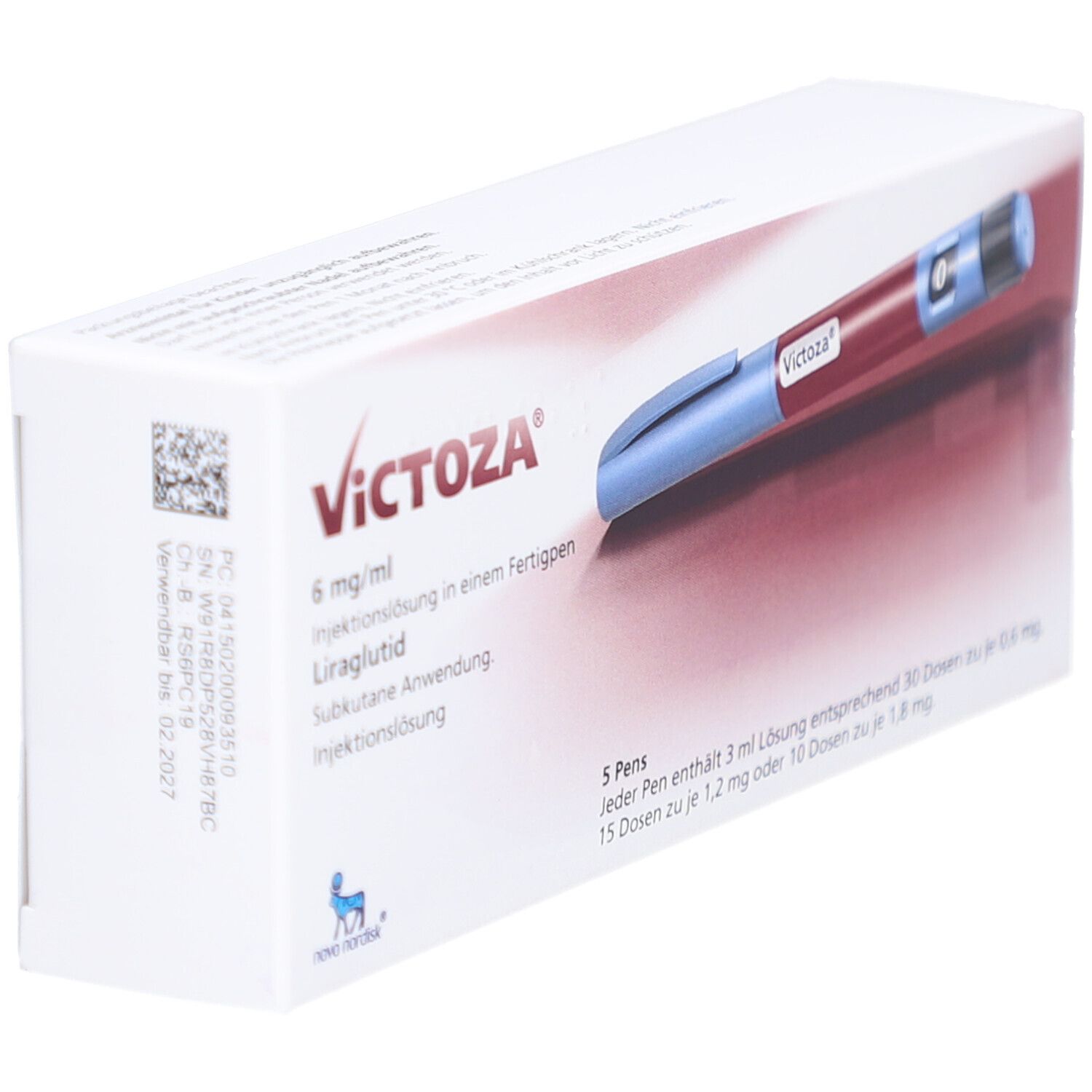 Verpackung mit Fertigpen. Aufschrift: VICTOZA 6 mg/ml. Enthält 5 Pens. Blaue und rote Fertigpen sichtbar. Verpackung schräg.