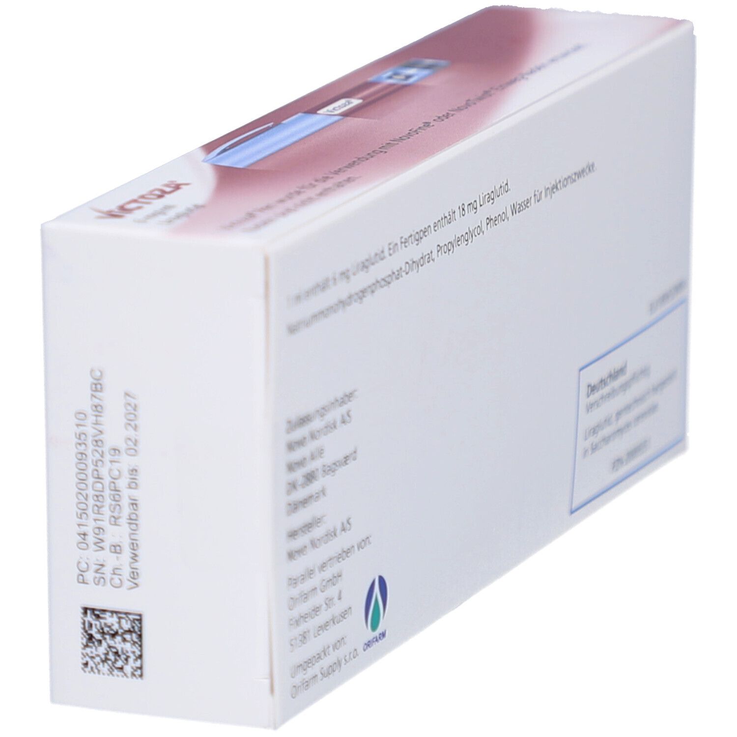 Rückseite der Verpackung. Aufschrift: VICTOZA. Herstellerinformationen und Chargennummer. Haltbarkeit bis 02/2027.