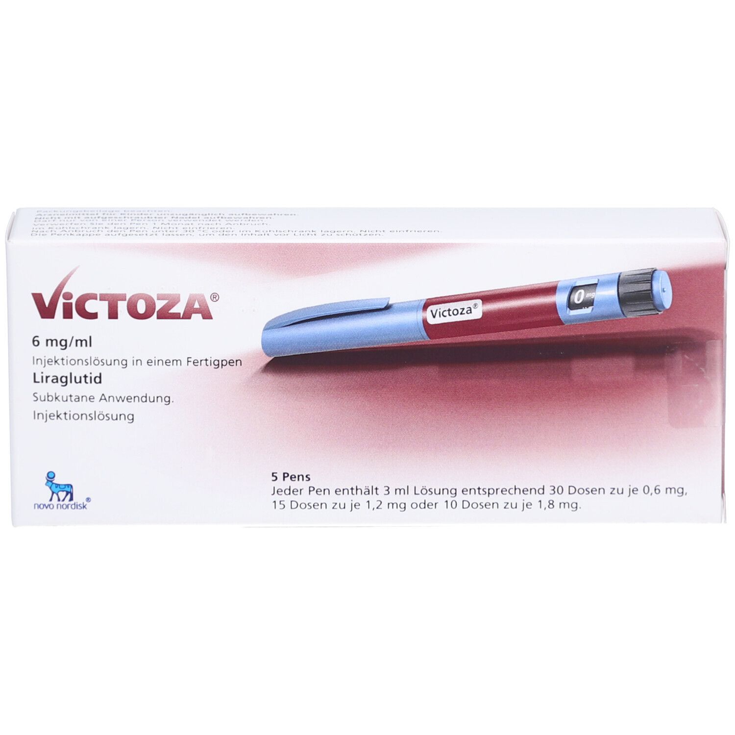 Verpackung mit Fertigpen. Aufschrift: VICTOZA 6 mg/ml. Enthält 5 Pens. Ein Pen mit 3 ml Lösung. Blaue und rote Fertigpen sichtbar.