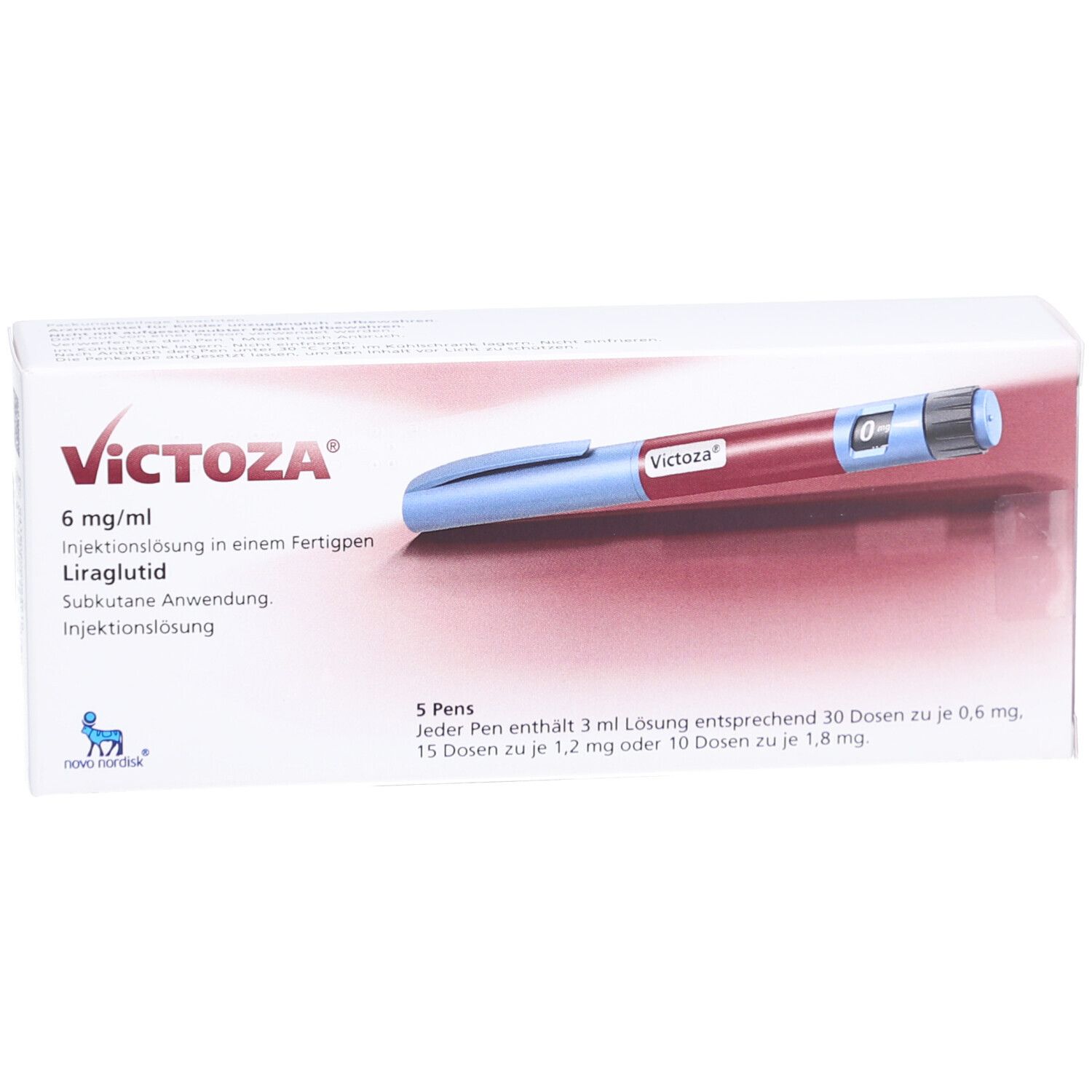 Verpackung mit Fertigpen. Aufschrift: VICTOZA 6 mg/ml. Enthält 5 Pens. Ein Pen mit 3 ml Lösung. Blaue und rote Fertigpen sichtbar.