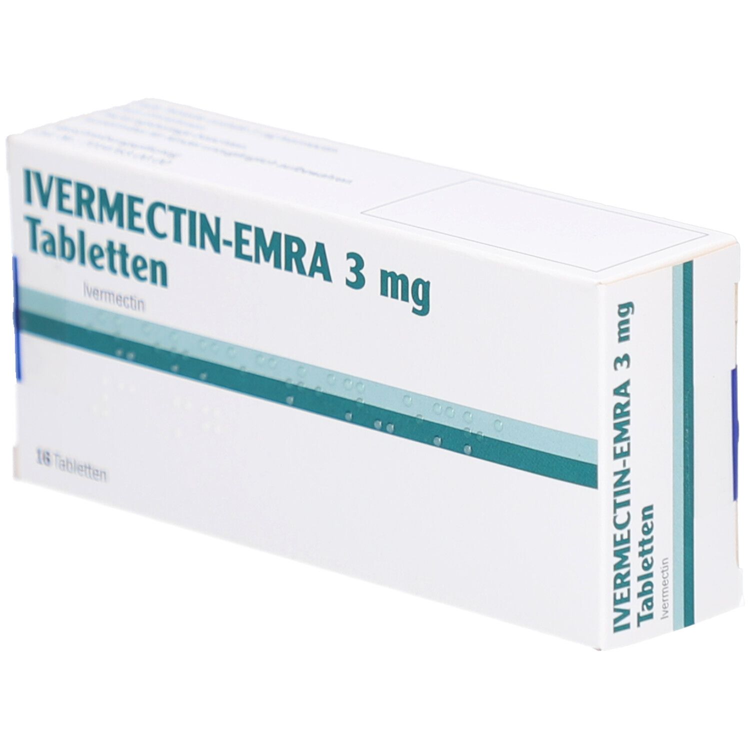 Schachtel mit IVERMECTIN-EMRA 3 mg Tabletten. Aufschrift: 16 Tabletten. Weiß, mit grünen und blauen Akzenten.