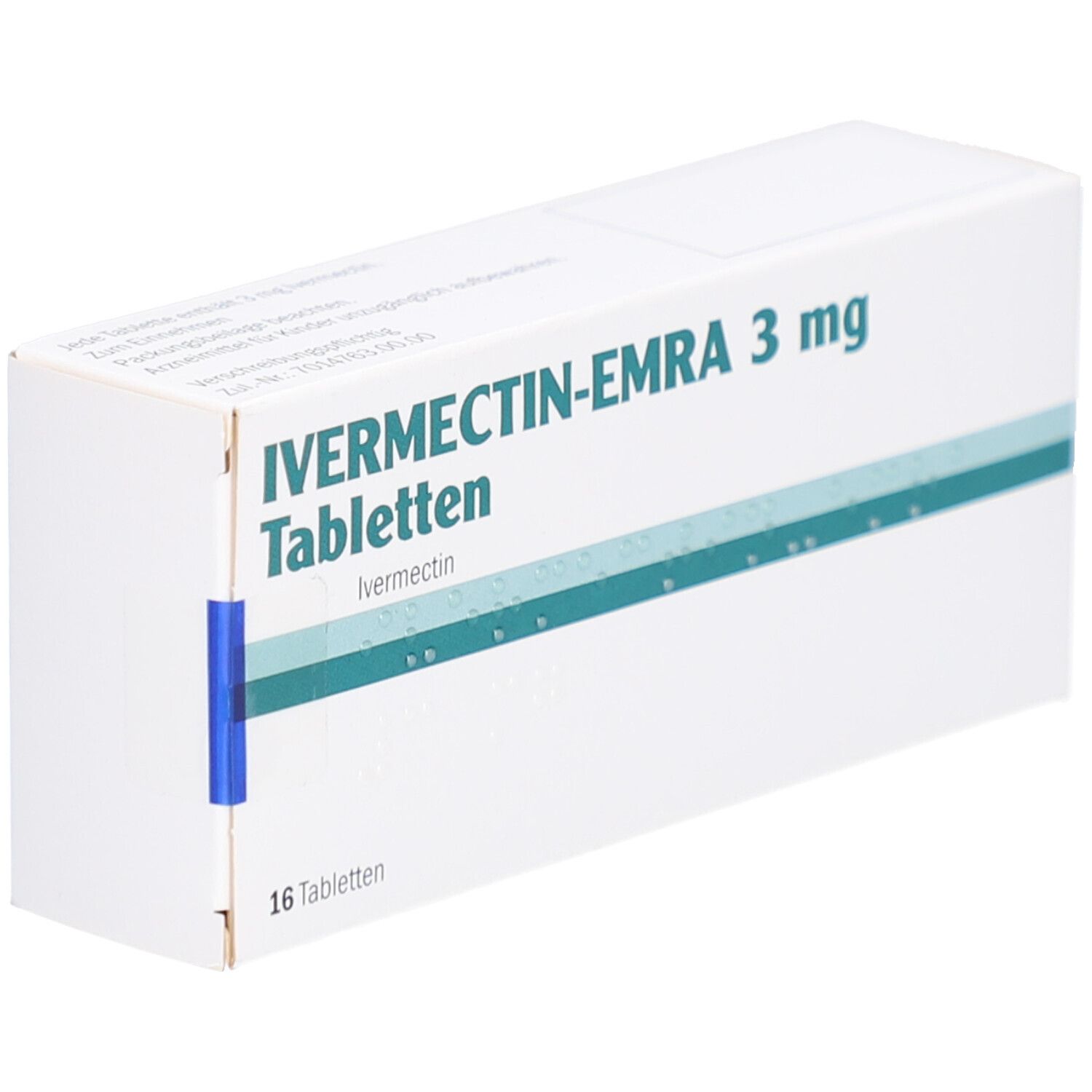 Schachtel mit IVERMECTIN-EMRA 3 mg Tabletten. Aufschrift: 16 Tabletten. Weiß, mit grünen und blauen Akzenten.