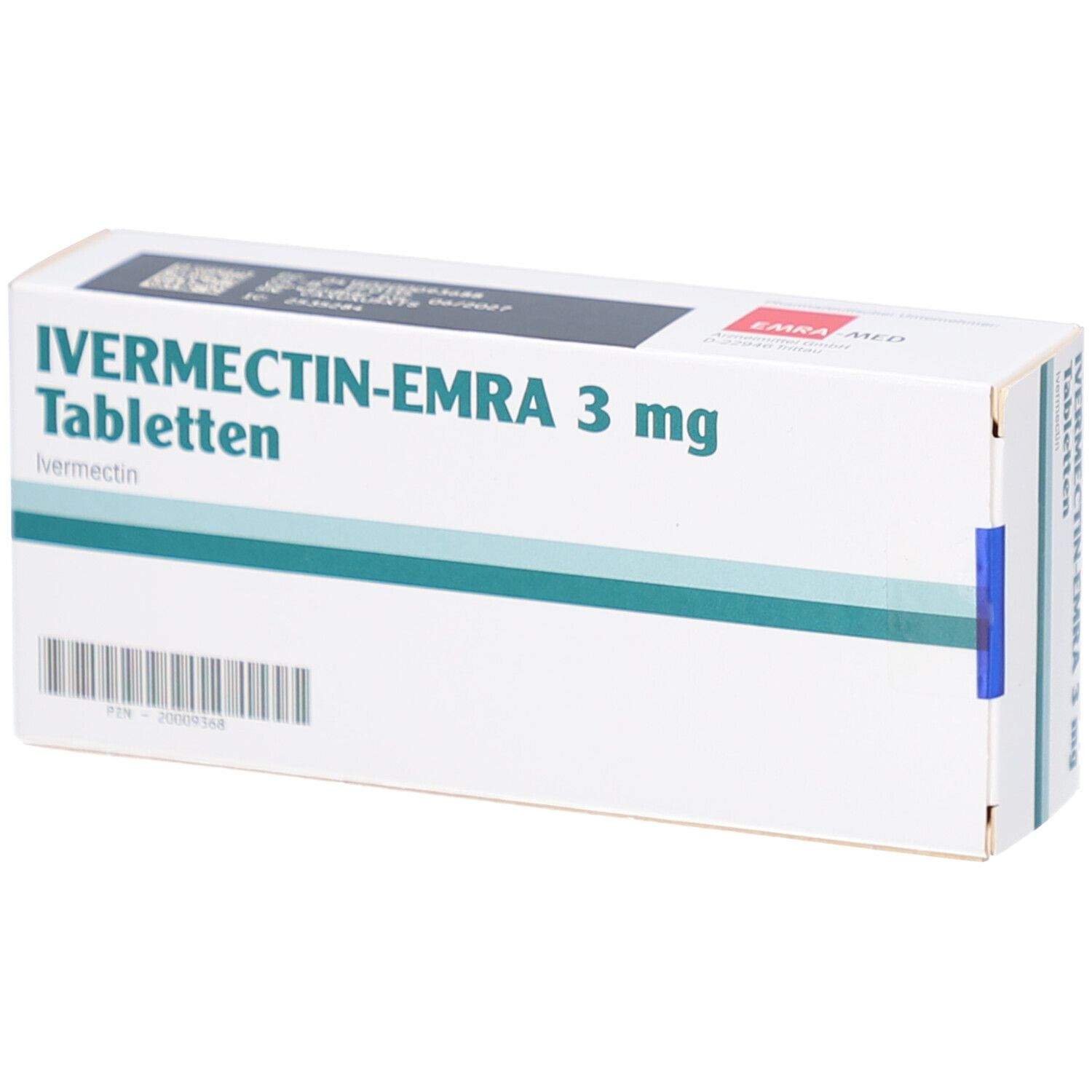 Schachtel mit IVERMECTIN-EMRA 3 mg Tabletten. Weiß, mit grünen und blauen Akzenten. Text: Ivermectin, 16 Tabletten.