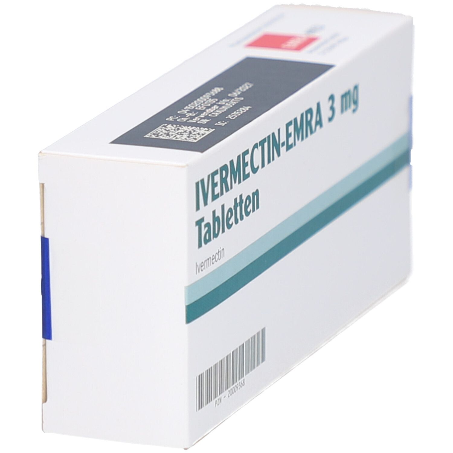 Schachtel mit IVERMECTIN-EMRA 3 mg Tabletten. Weiß, mit grünen und blauen Akzenten. Barcode sichtbar.