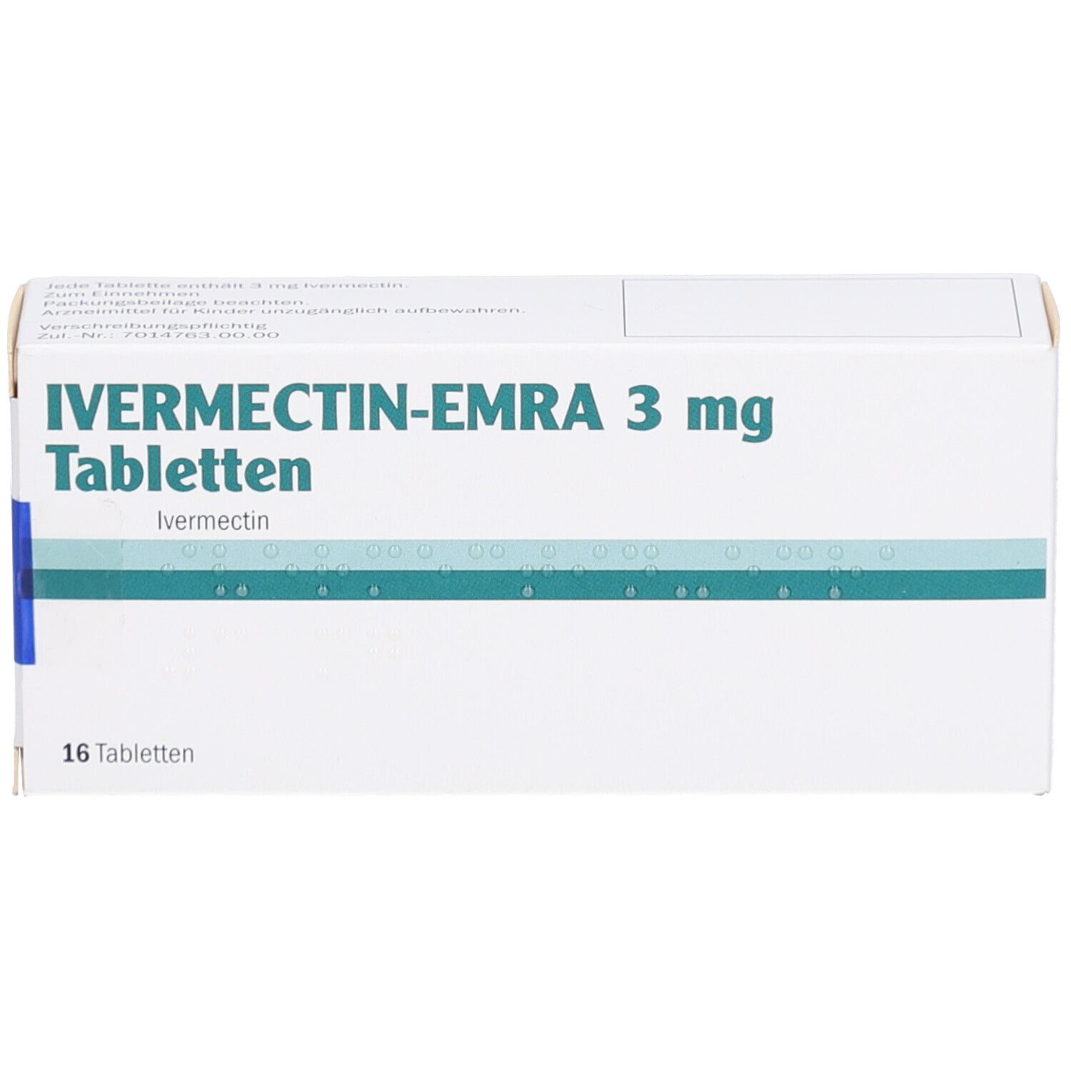 Schachtel mit IVERMECTIN-EMRA 3 mg Tabletten. Aufschrift: 16 Tabletten. Weiß, mit grünen und blauen Akzenten.