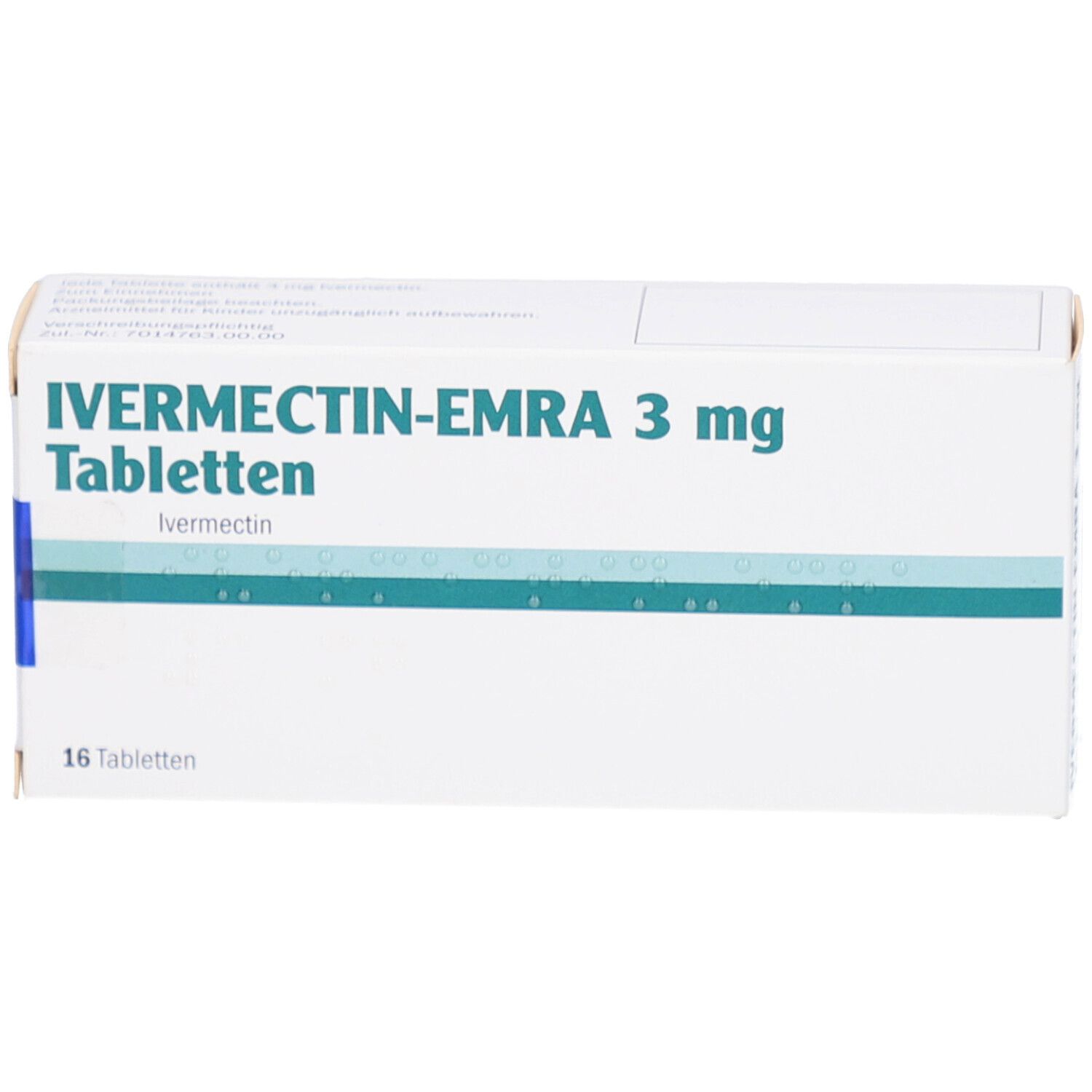 Schachtel mit IVERMECTIN-EMRA 3 mg Tabletten. Aufschrift: 16 Tabletten. Weiß, mit grünen und blauen Akzenten.