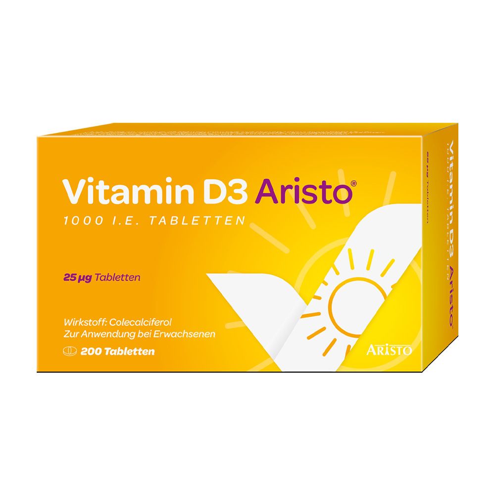 Gelbe Schachtel mit Vitamin D3 Aristo 1000 I.E. Tabletten. Text: 25µg Tabletten, 200 Tabletten. Logo: Sonne.