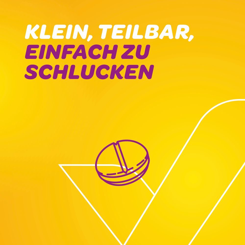 Gelber Hintergrund mit Text: Klein, teilbar, einfach zu schlucken. Tabletten-Symbol.