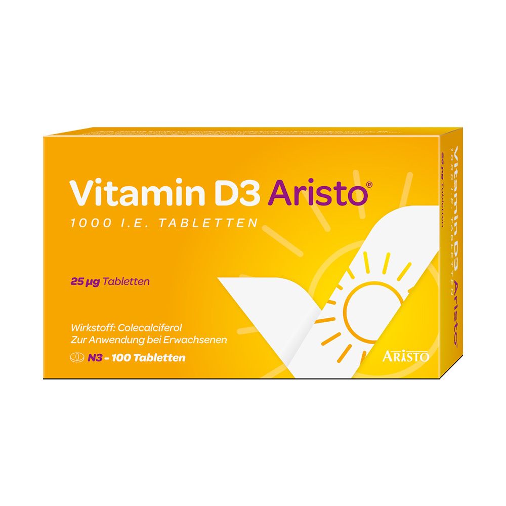 Gelbe Schachtel mit Vitamin D3 Aristo 1000 I.E. Tabletten. Enthält 25 Tabletten. Aufdruck mit Sonnenmotiv und Produktinformationen.